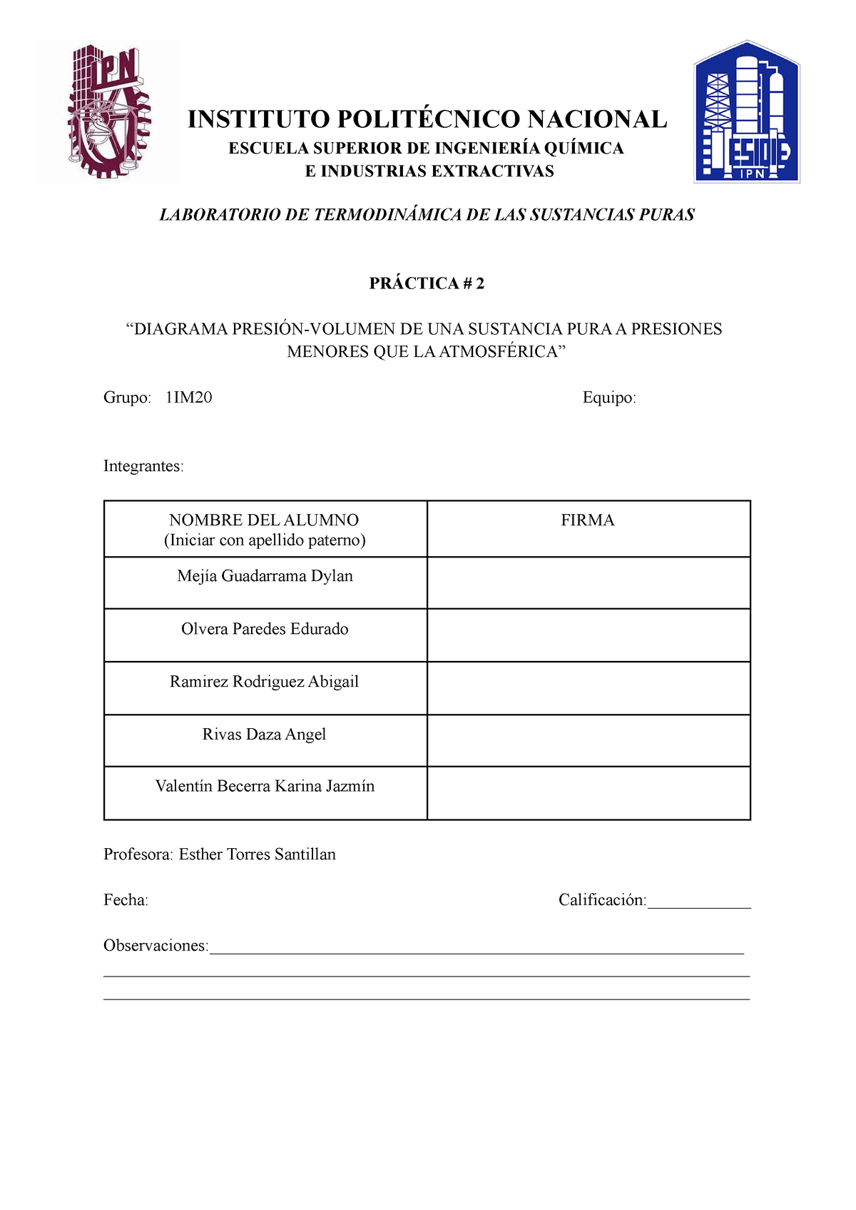 Practica Lab Termo Instituto Polit Cnico Nacional Escuela Superior De Ingenier A Qu Mica E