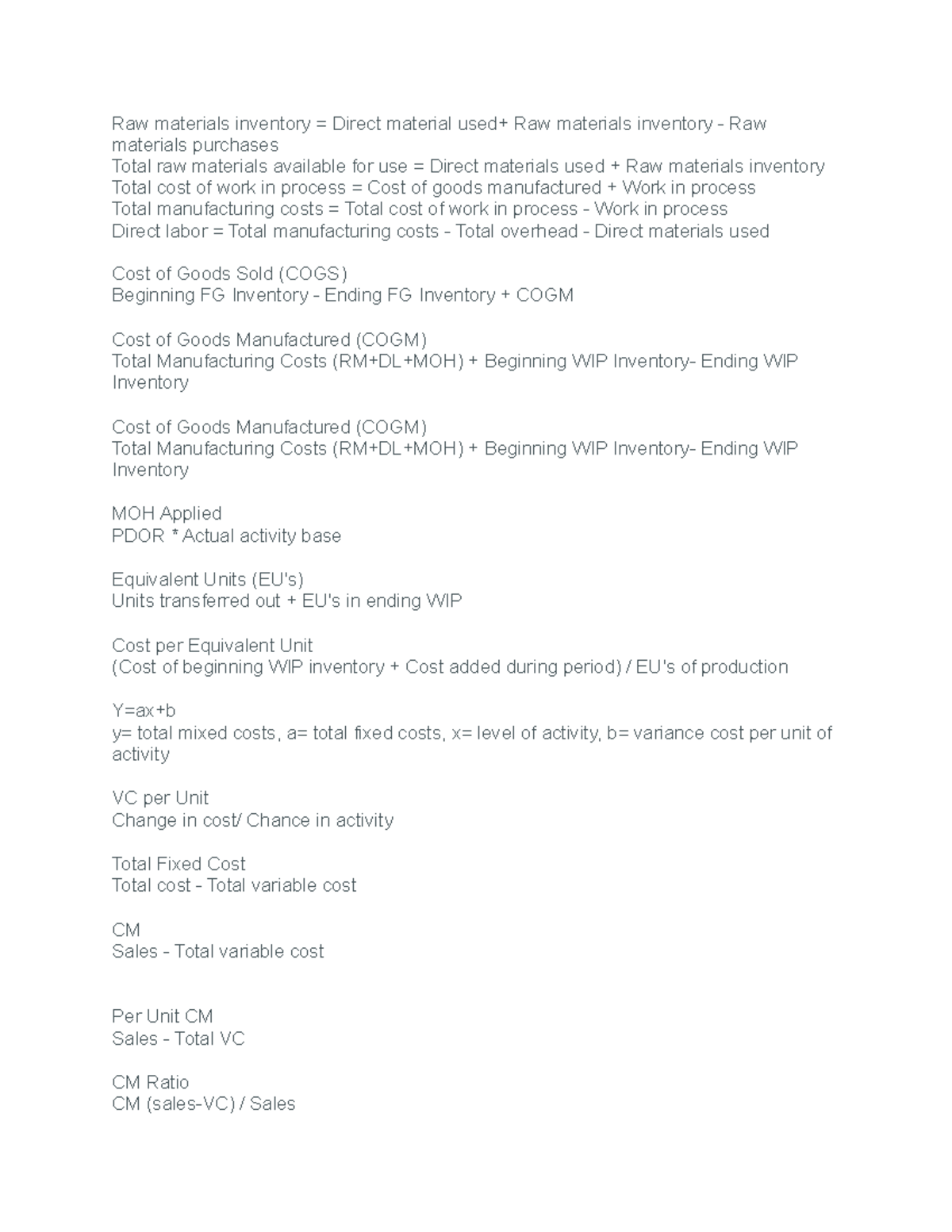 Formulas Managerial Accounting Raw materials inventory = Direct