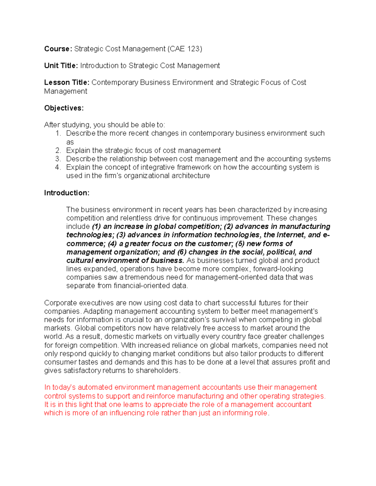 Module 3 (Contemporary Business Environment And Strategic Focus Of Cost ...