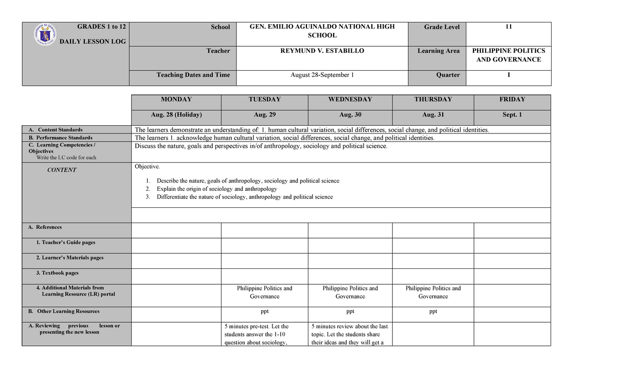 Week 1 - Philippine politics and governance - GRADES 1 to 12 DAILY ...