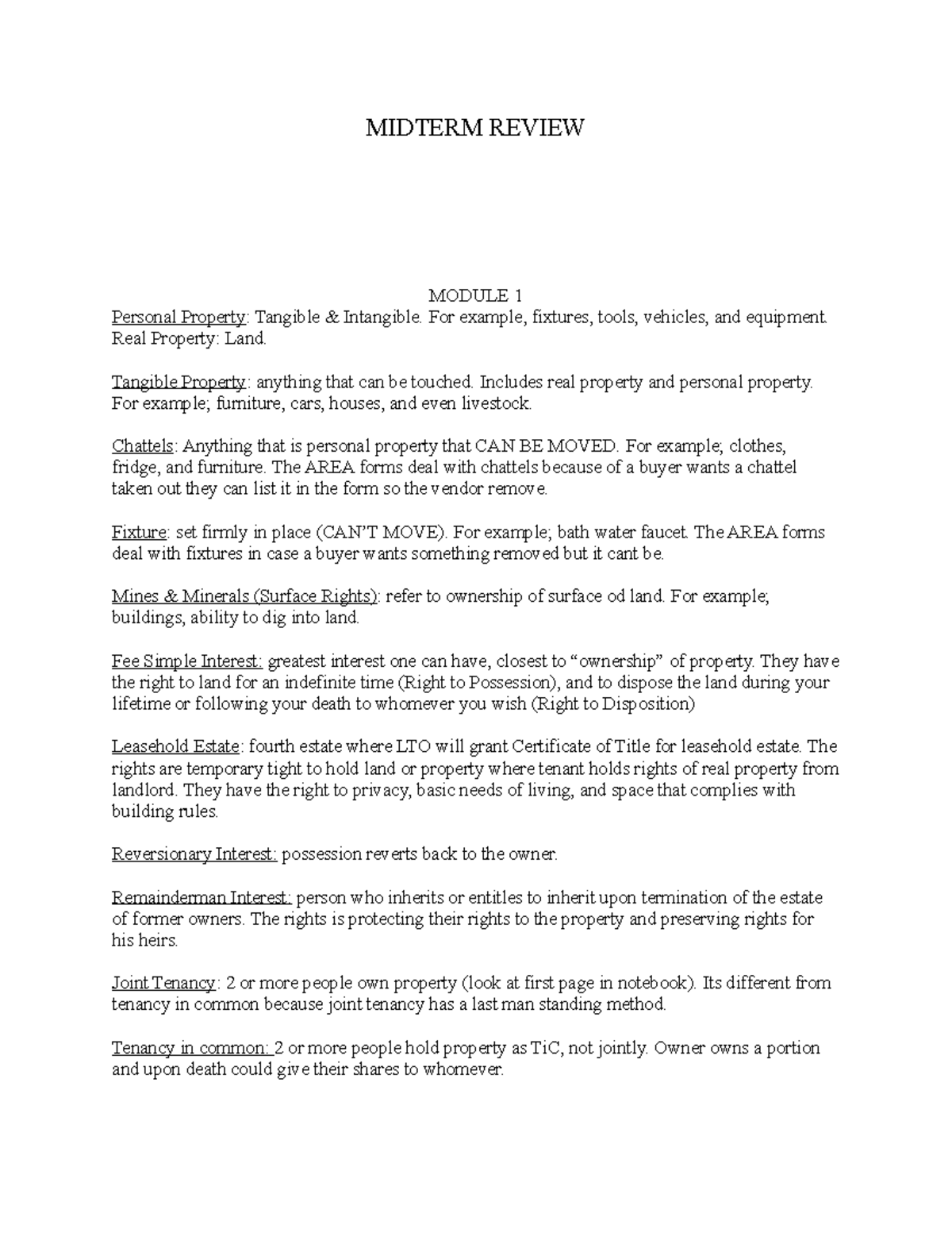 Midterm Review Real Estate Law I MIDTERM REVIEW MODULE 1 Personal