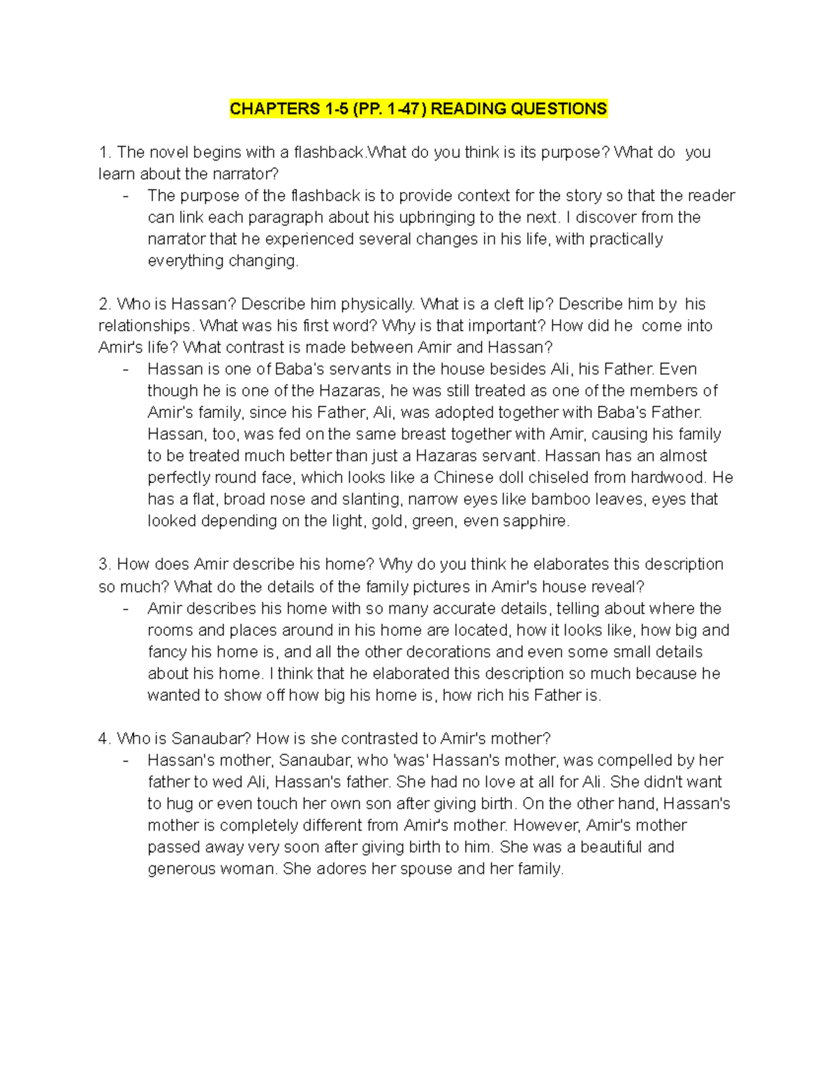Chapter 15 The Kite Runner book questions and answers CHAPTERS 15