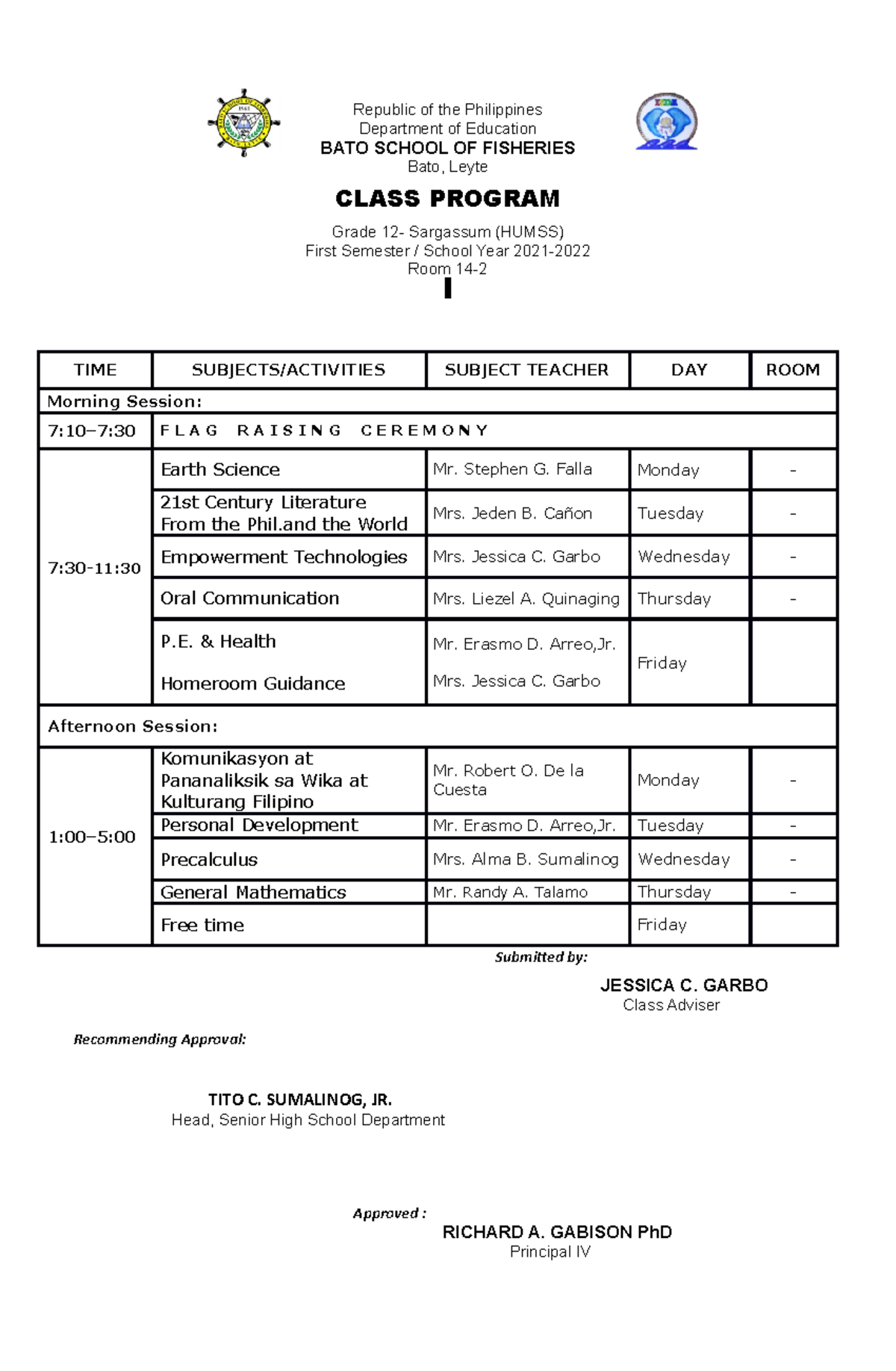 Class Program 2021 2022 sem 1 11whale - Republic of the Philippines ...