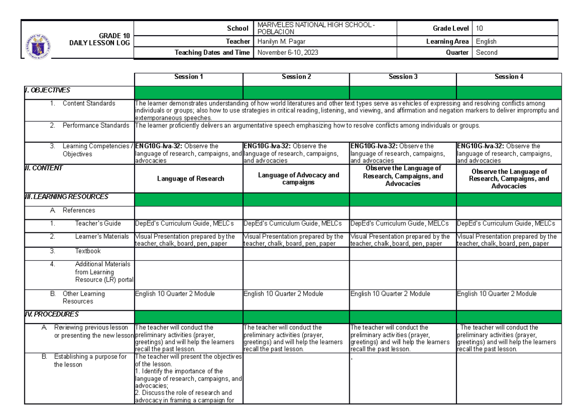 2nd Q DLL Module 1 - kjnykjh - GRADE 10 DAILY LESSON LOG School ...