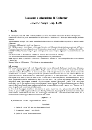 Essere e Tempo dispensa - Riassunto e spiegazione di Heidegger Essere e  Tempo (Cap. 1-30) La Vita M. - Studocu