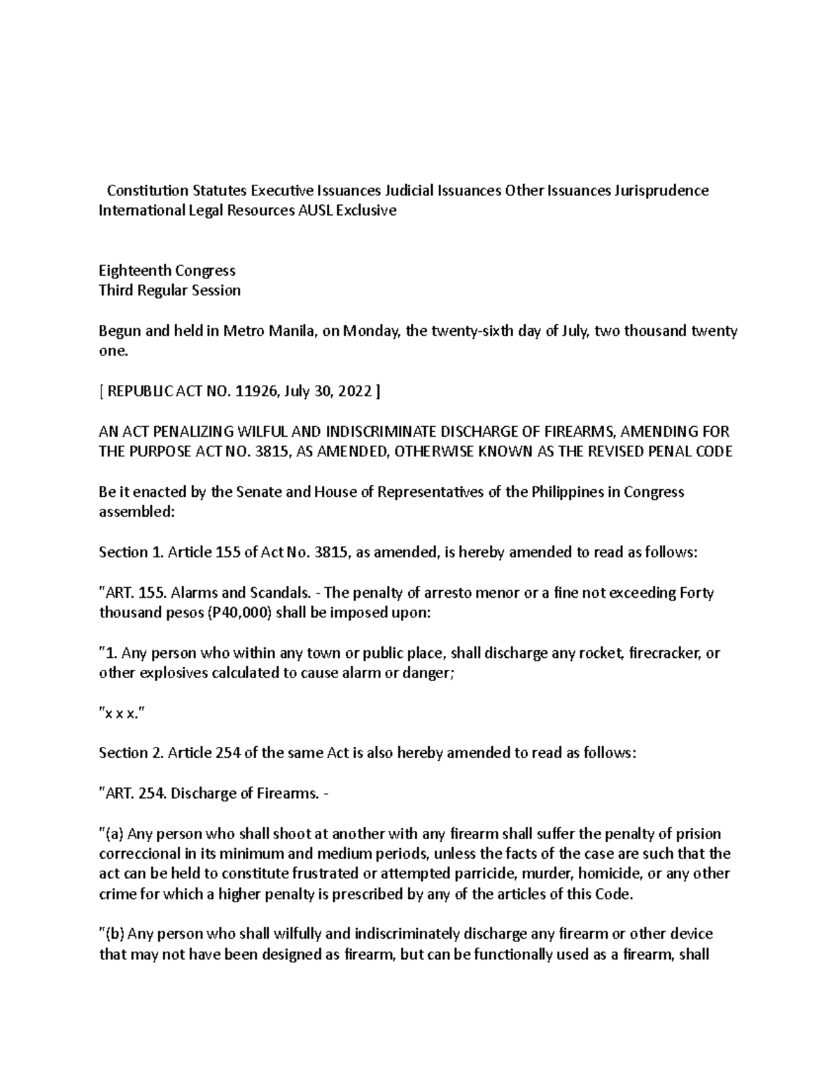 Amendment Article 155 RPC Constitution Statutes Executive Issuances