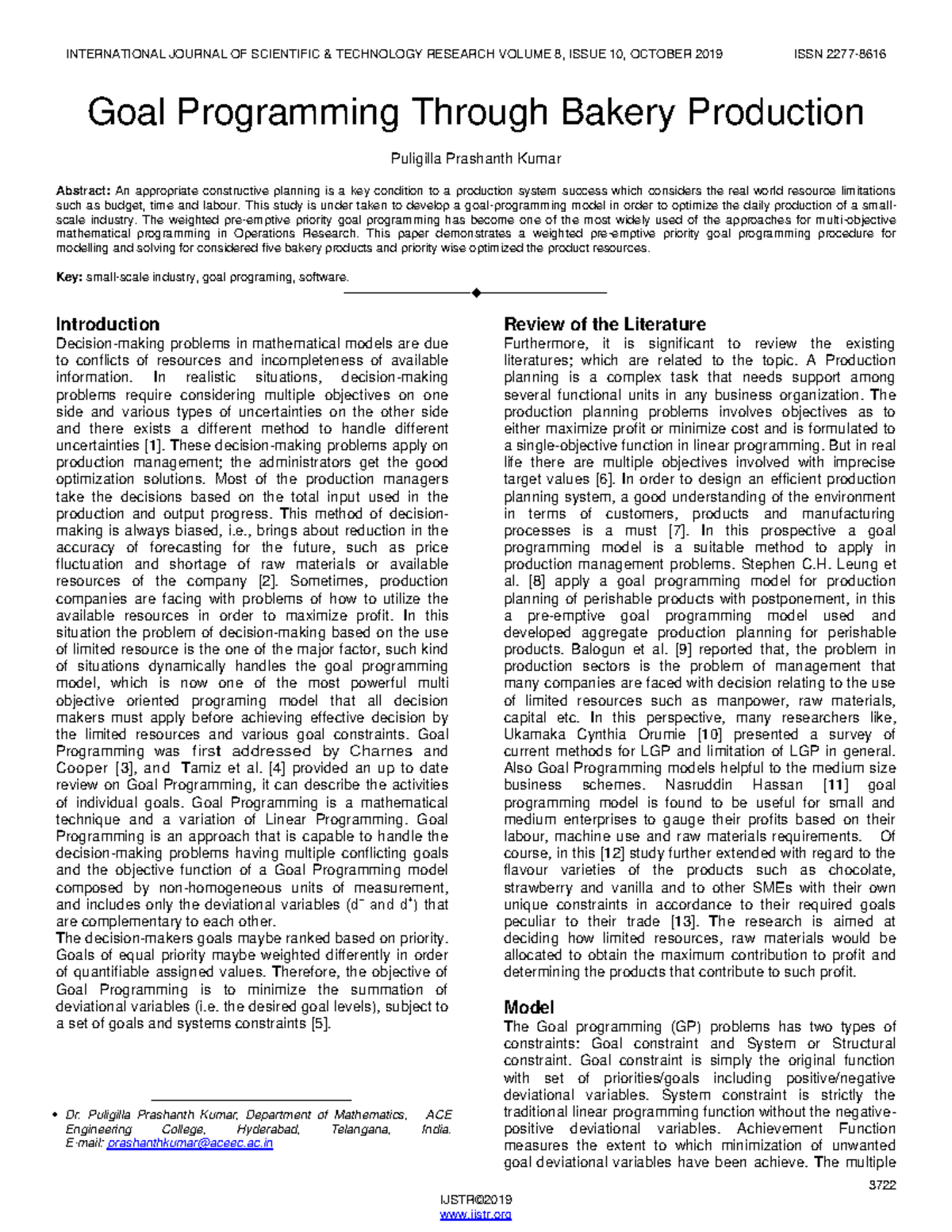 Goal Programming Through Bakery Production 3722 IJSTR© Goal