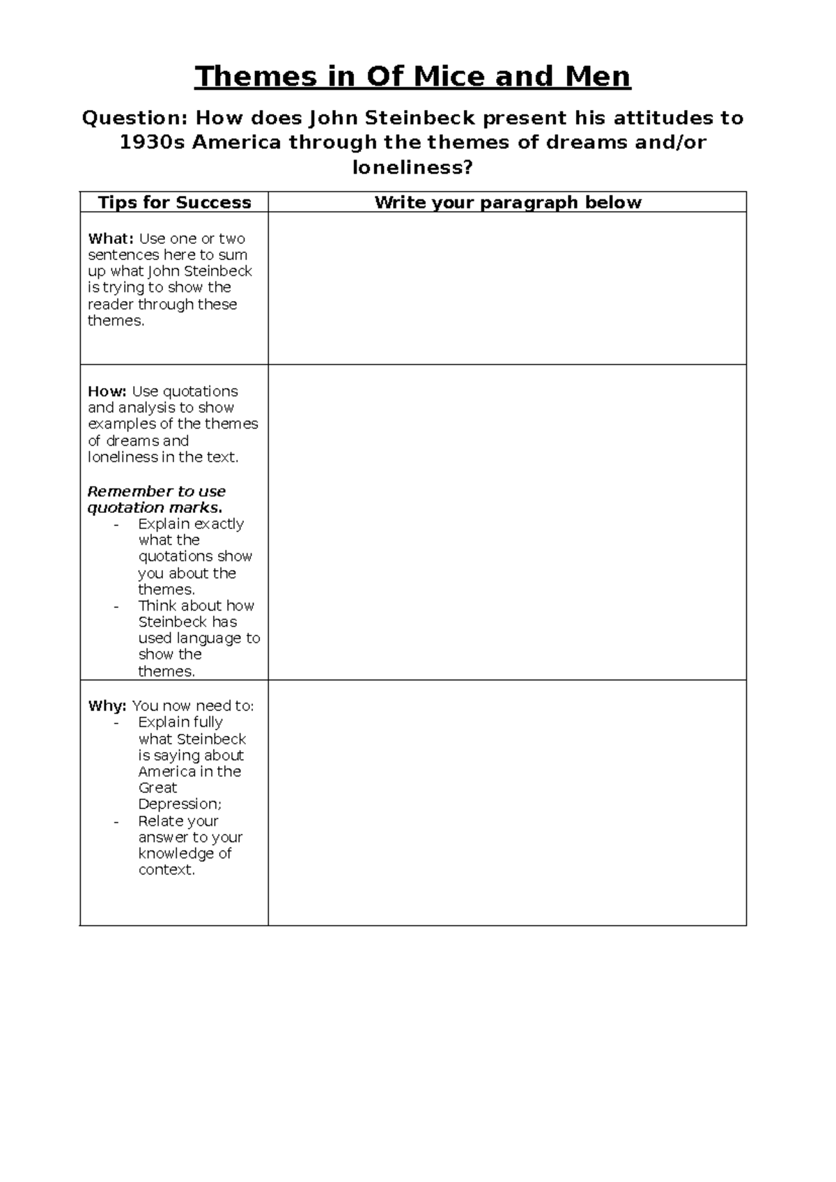 OMAM Analysis Themes Question - Themes in Of Mice and Men Question: How ...