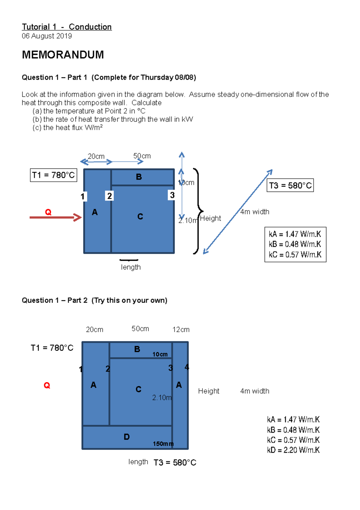 2019 S2 Tutorial 1(a) - Conduction - 50cm 10cm 2 20cm Height Q A C B 1 ...