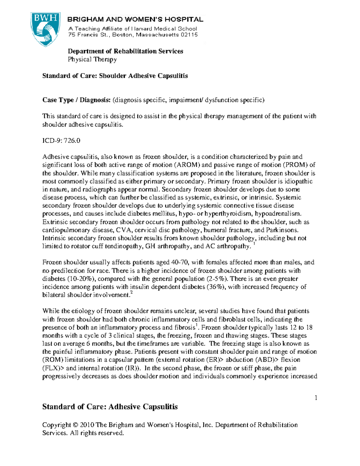 Shoulderadhesivecapsulitis Standard of Care Adhesive Capsulitis