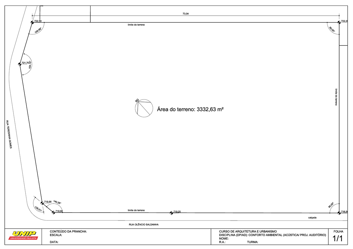 Terreno - DP/AP da unip - 73,04 722,10 722 limite do terreno 721,70 ...