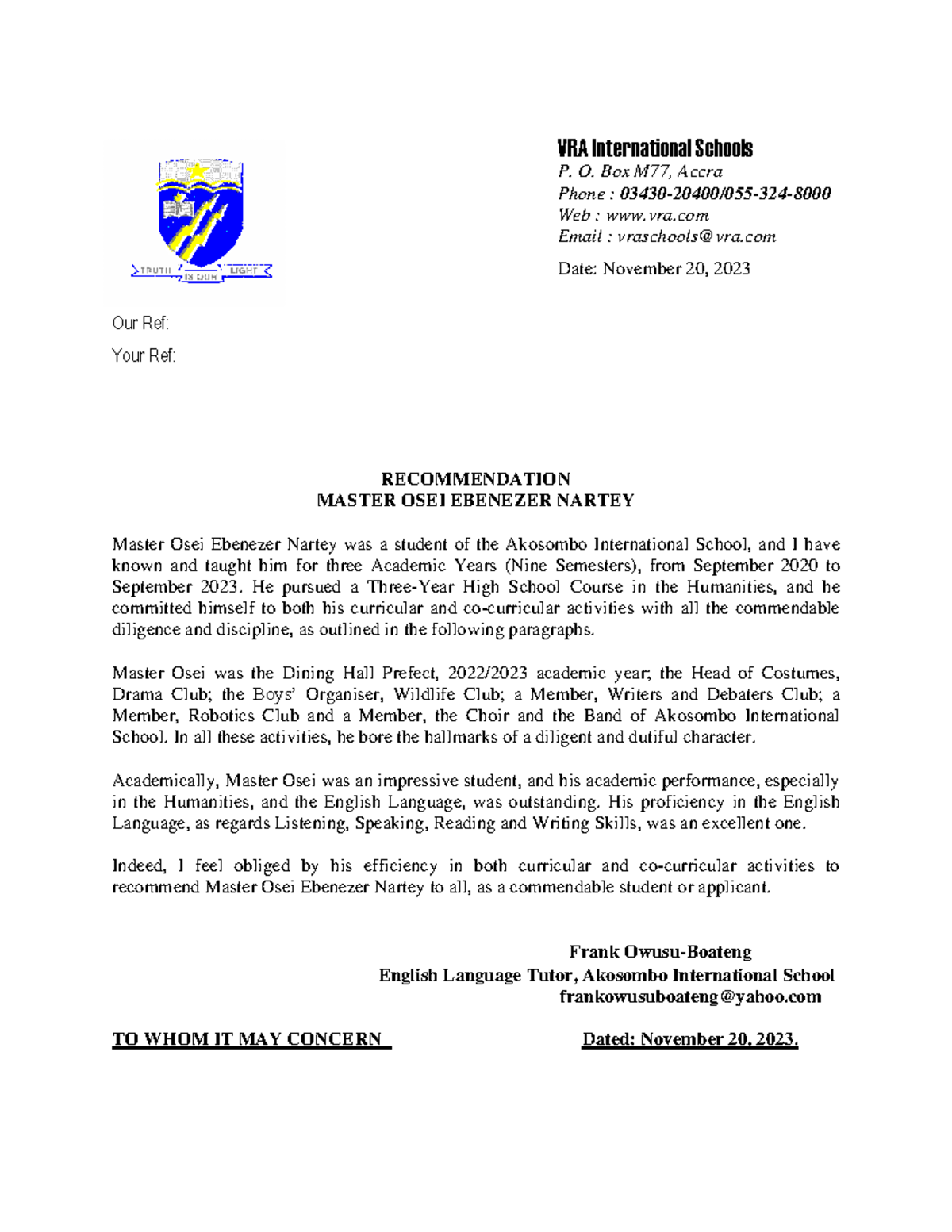 English Proficiency Letter And Recommendation Letter - Vra 