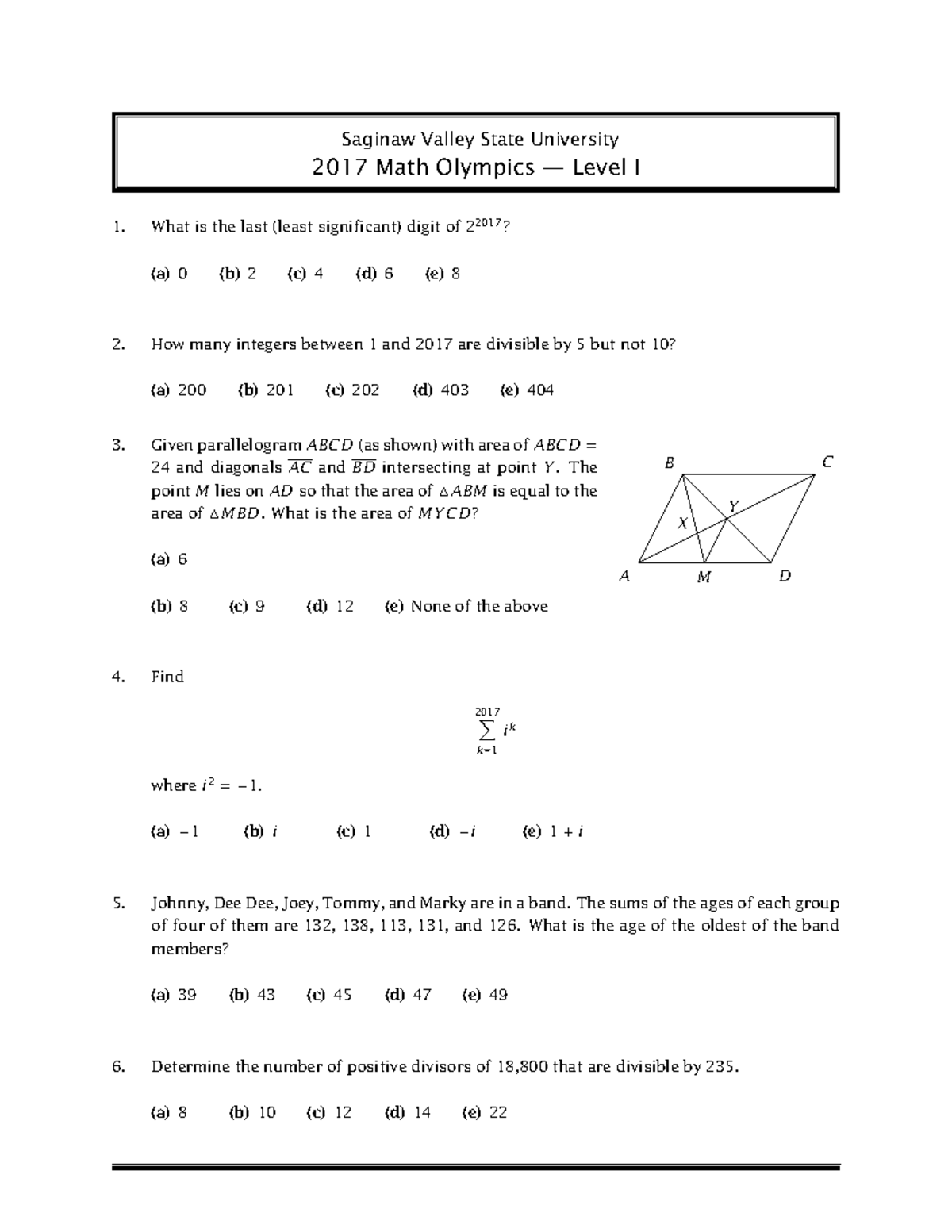 2017 MO L1 - Mathematics - Saginaw Valley State University 2017 Math ...
