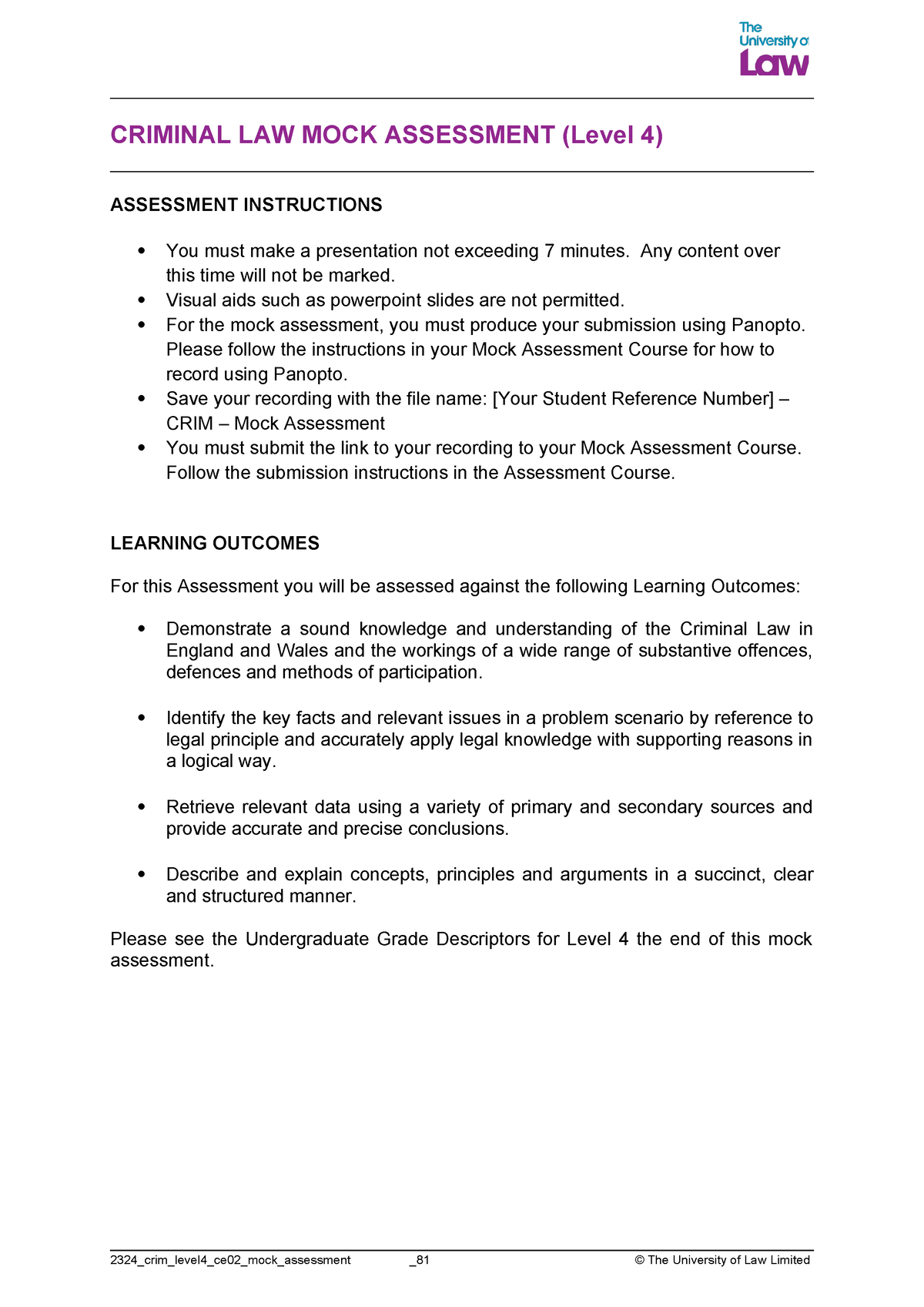 Criminal mock - CRIMINAL LAW MOCK ASSESSMENT (Level 4) ASSESSMENT ...