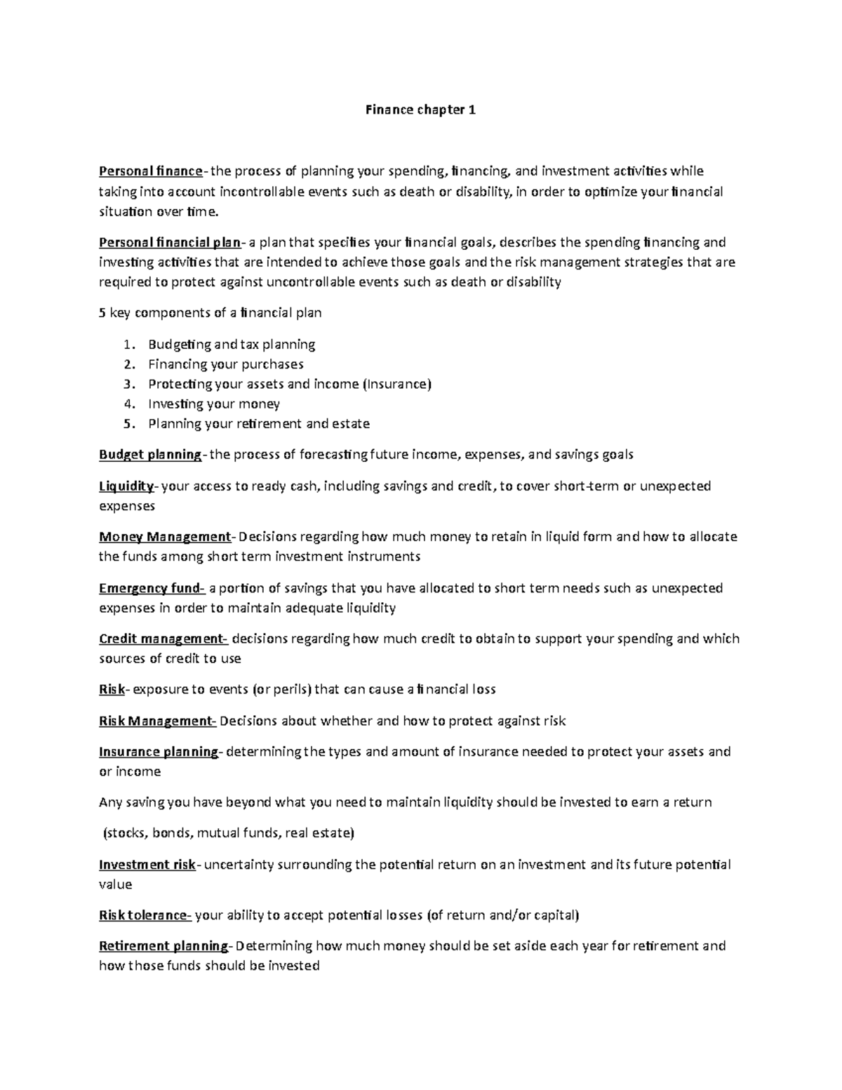 Finance chapter 1 - Lecture notes 1 - Finance chapter 1 Personal ...