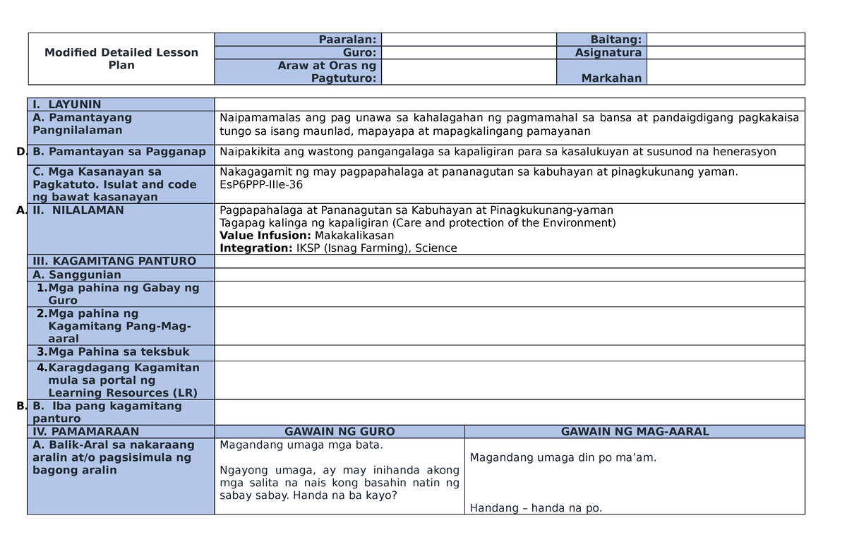 Detailed Lesson Plan Filipino Format Modified Detailed Lesson Plan Paaralan Baitang Guro 5881