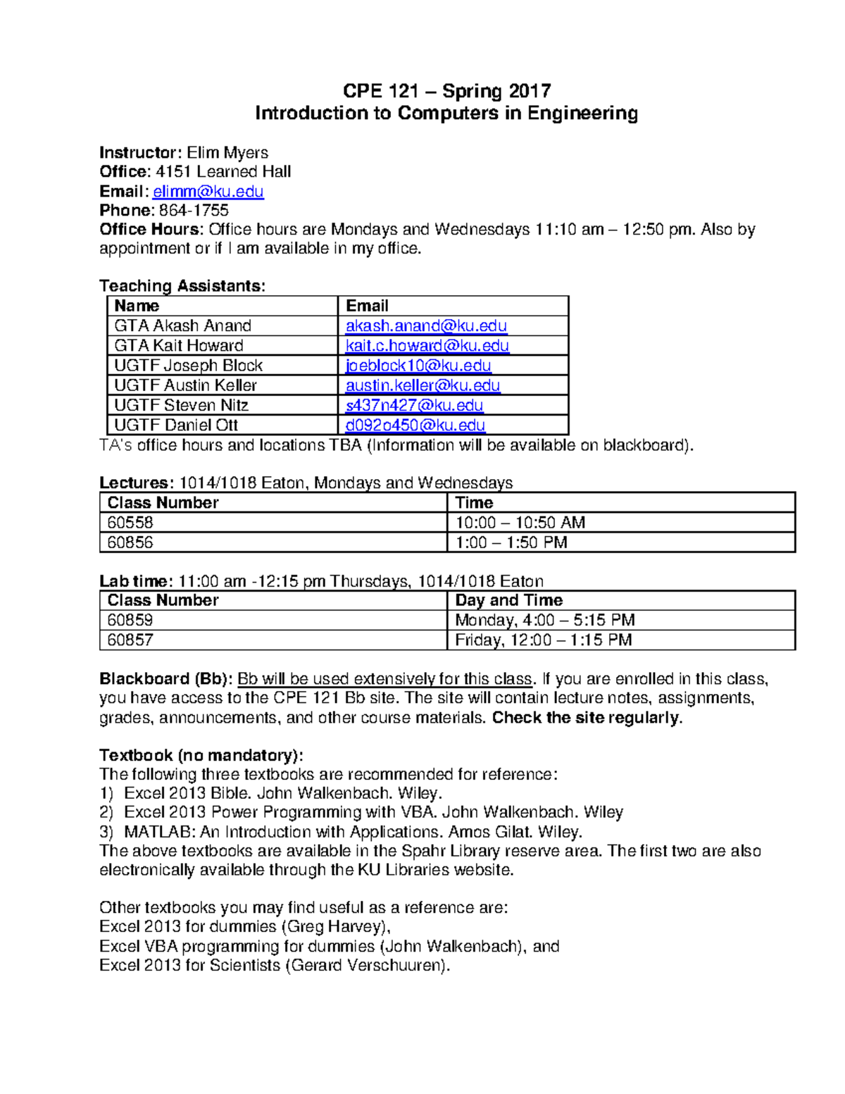 Cpe121sp17 Syllabus C Pe 121 University Of Kansas Studocu