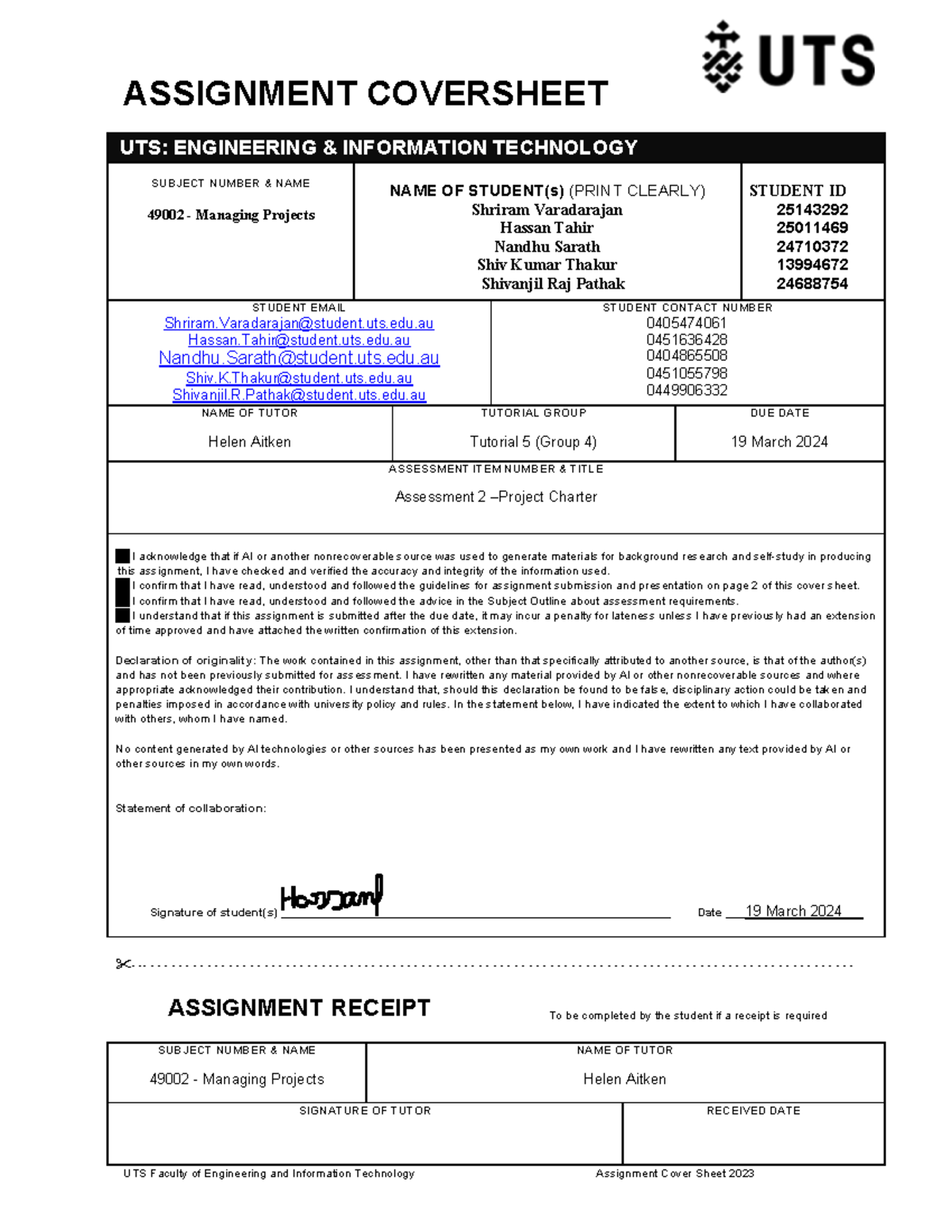 uts assignment cover sheet 2023