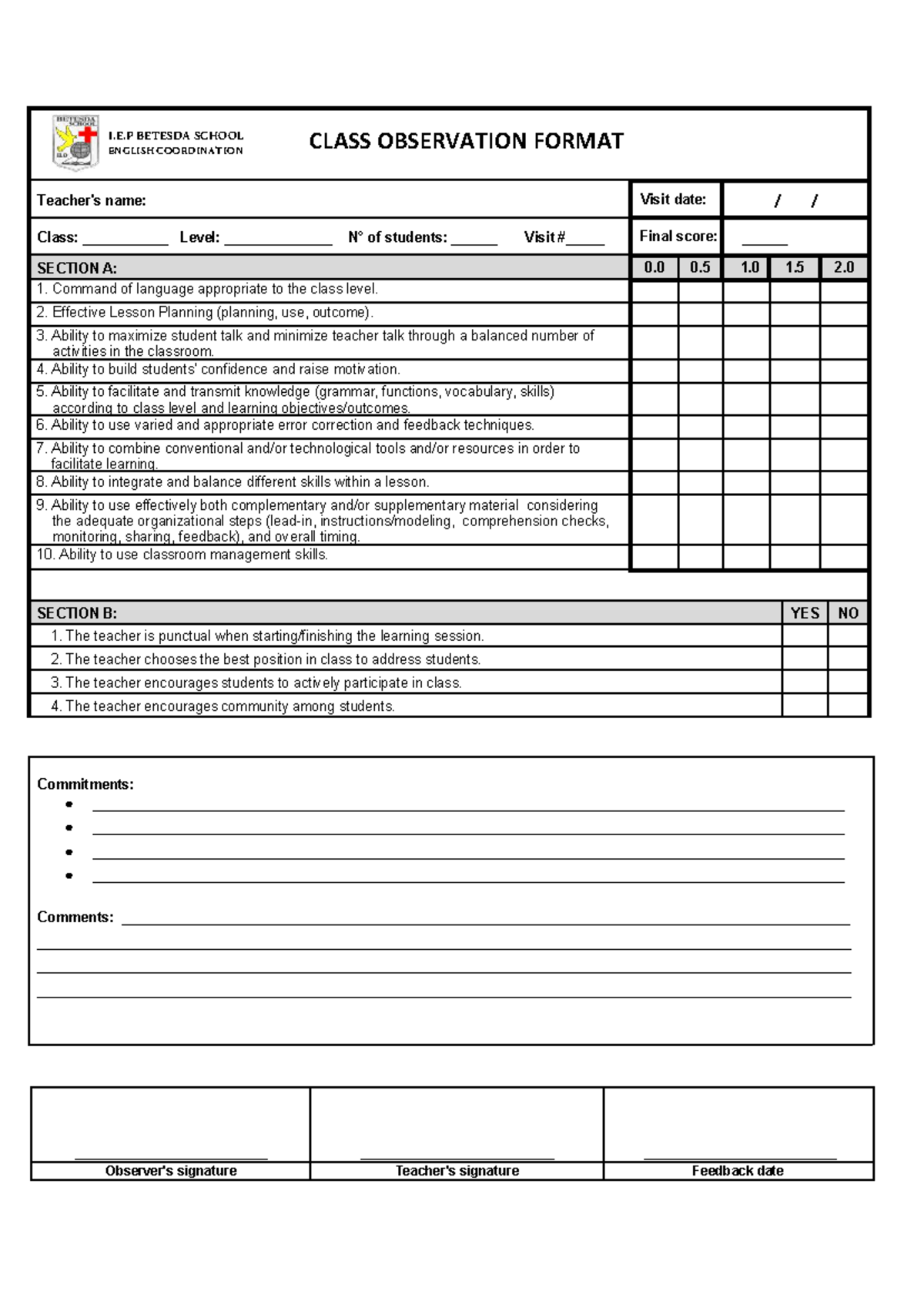 Class Observation Format - CLASS OBSERVATION FORMAT Teacher's name ...