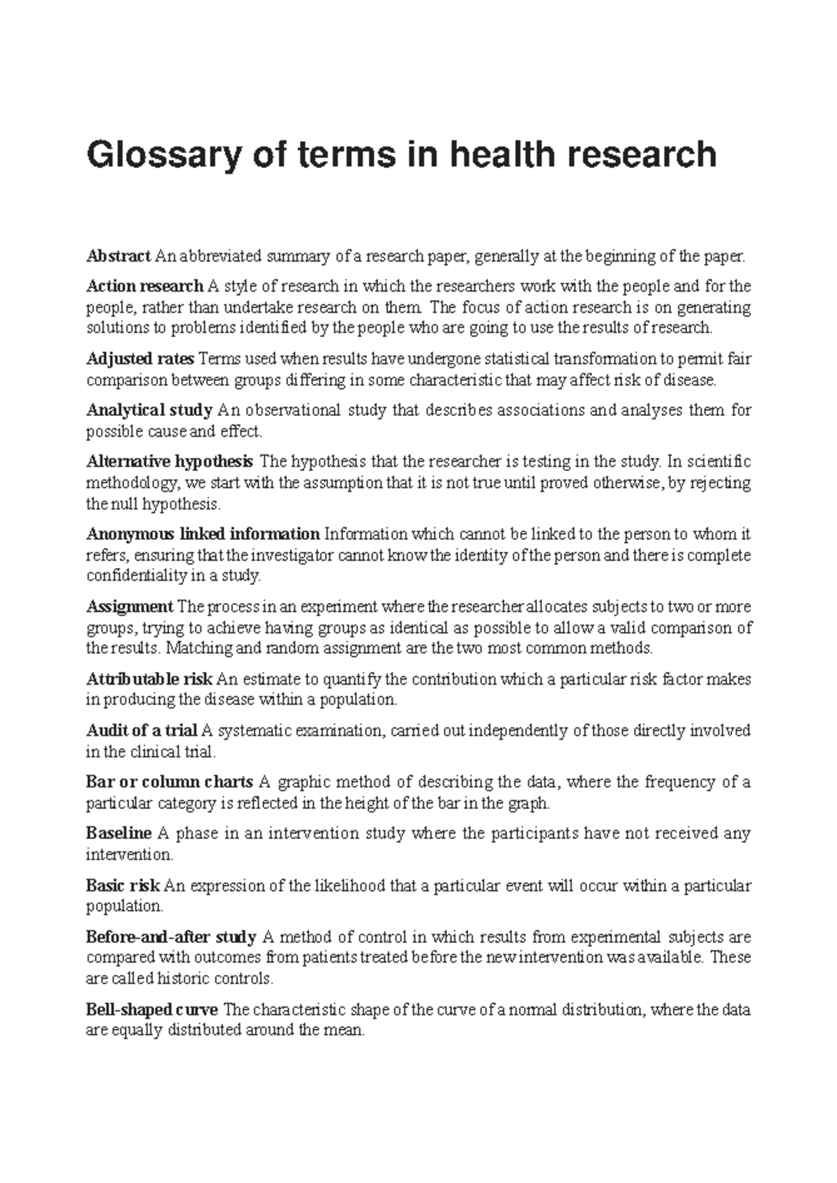 Glossary of terms - Summary Research - Glossary of terms in health ...