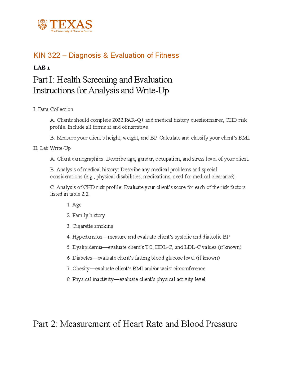 KIN 322 LAB 1 - Health Screening and Evaluation, Measurement of Heart ...