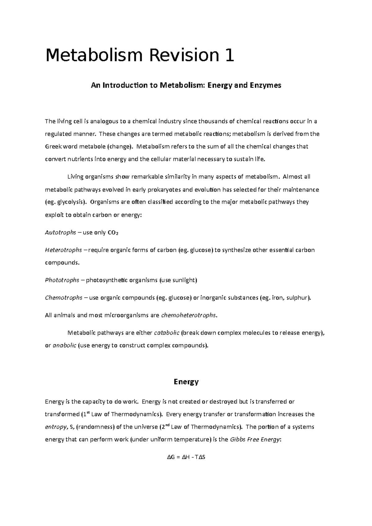 M1 - Metabolism Part 1 - Metabolism Revision 1 An Introduction To ...