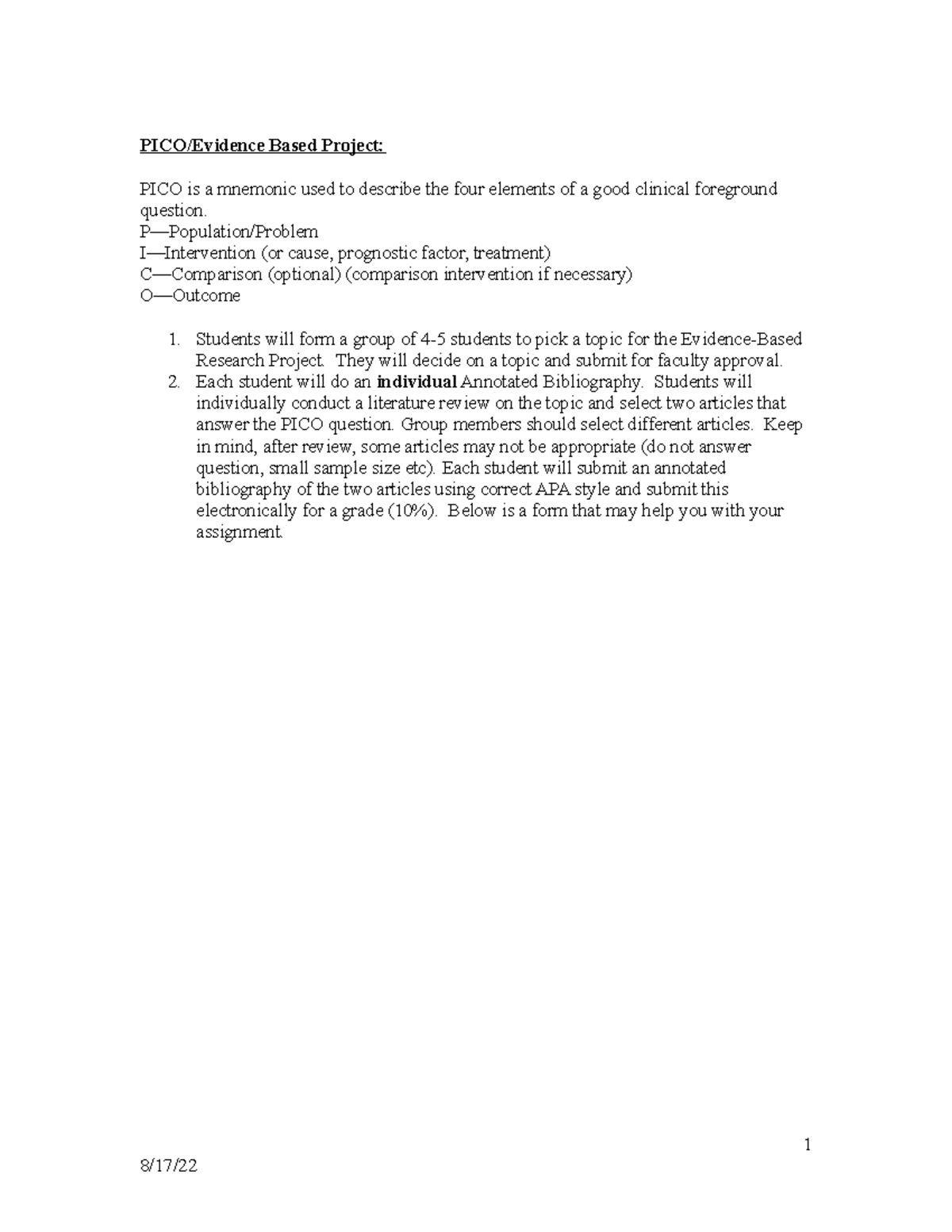 NUR Picot - learning effect - PICO/Evidence Based Project: PICO is a ...