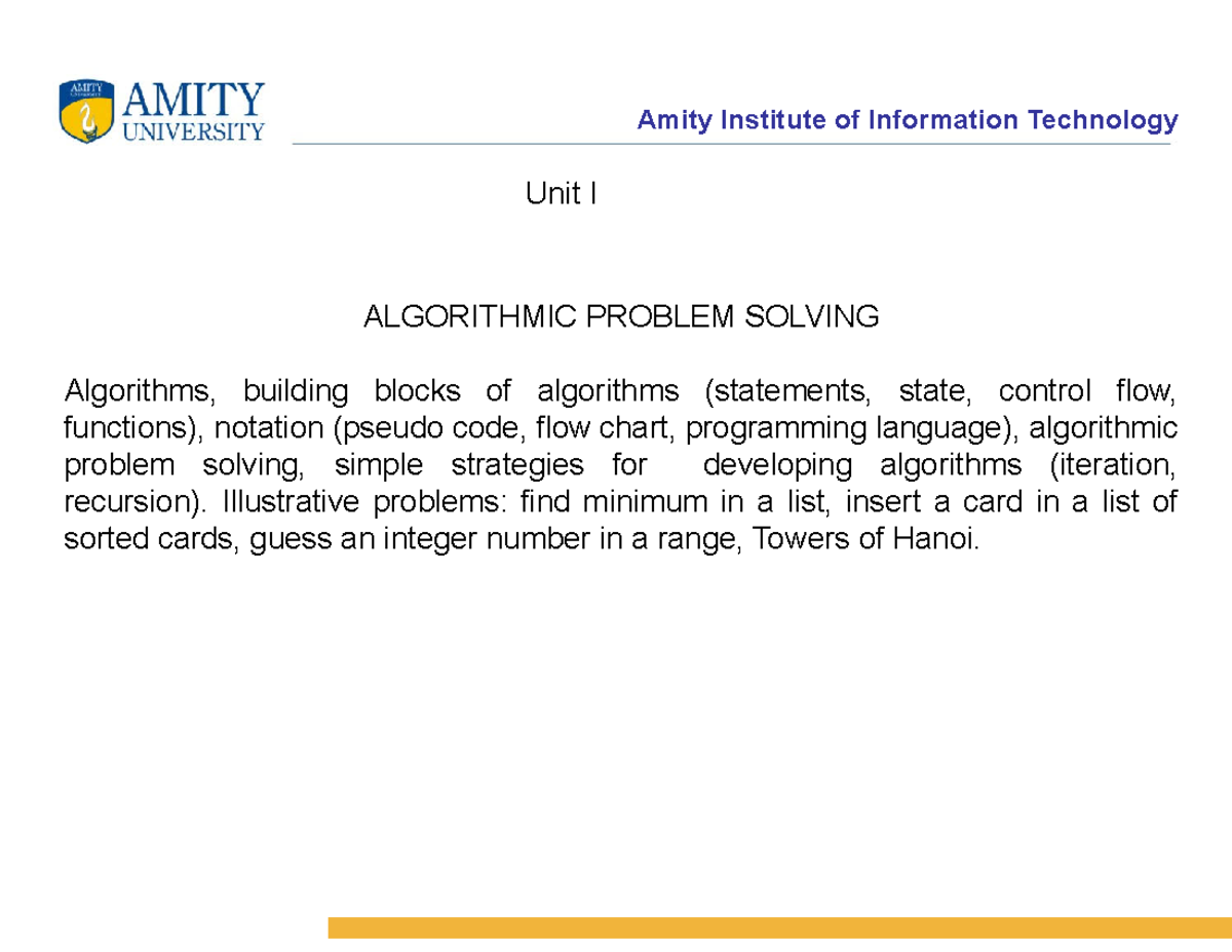 Unit-I - Notes for Semester 6 - Unit I ALGORITHMIC PROBLEM SOLVING ...