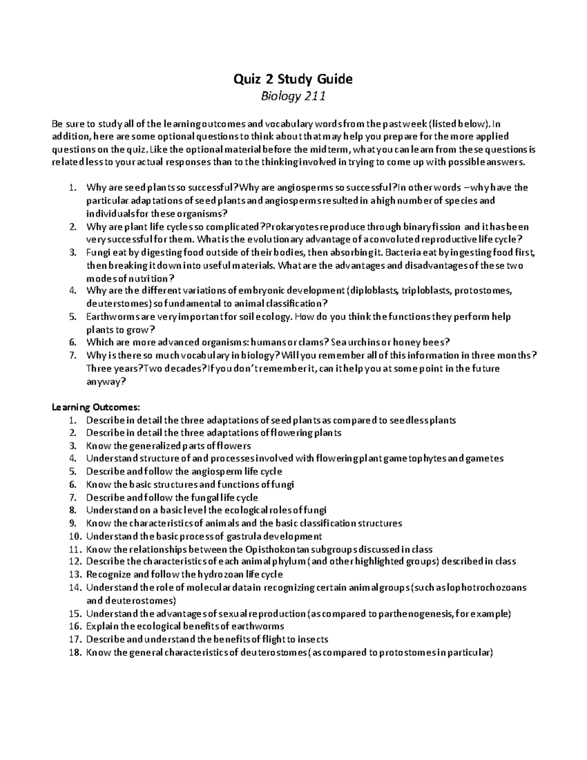 Quiz 2 Study Guide - Quiz 2 Study Guide Biology 211 Be Sure To Study ...