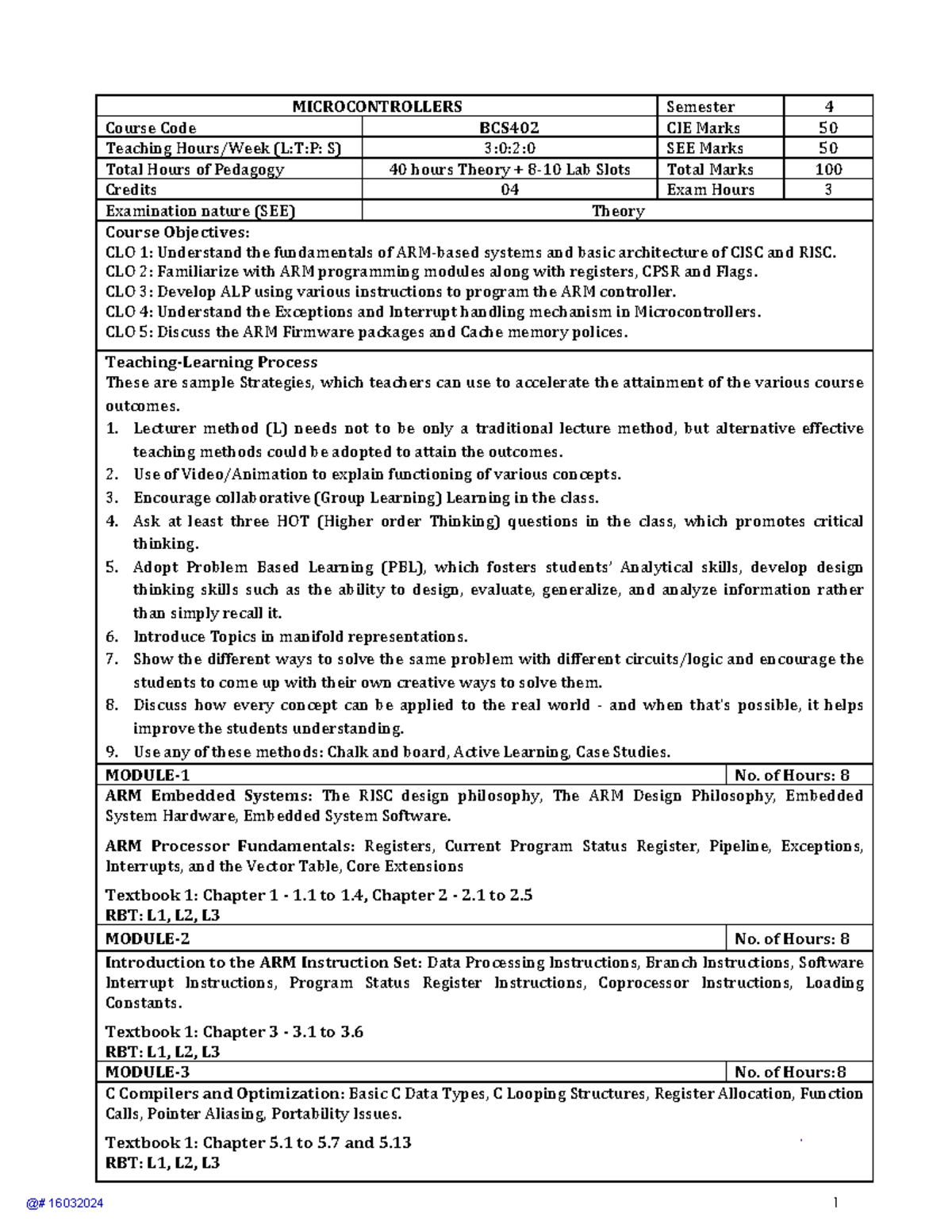 Microcontroller(BCS402 ) syllabus - 1 MICROCONTROLLERS Semester 4 ...