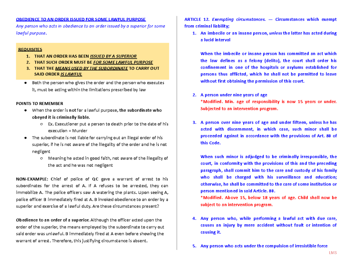 [CRIM 1] Art 12 RPC - OBEDIENCE TO AN ORDER ISSUED FOR SOME LAWFUL ...