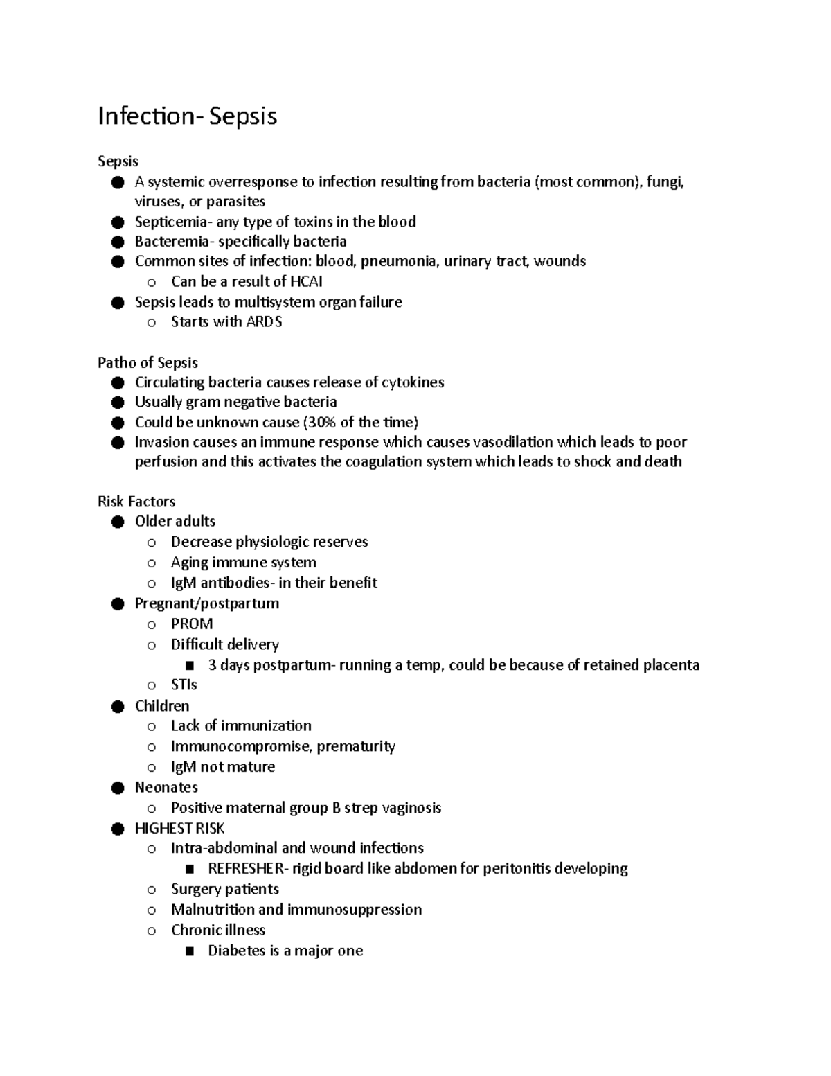 Infection- One Note - Sepsis - Infection- Sepsis Sepsis A systemic ...