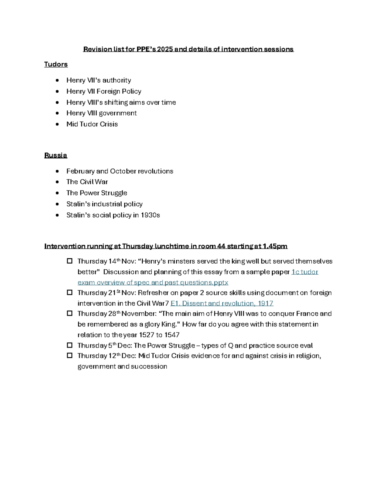 Revision list for PPE’s 2025 and details of intervention ses Revision