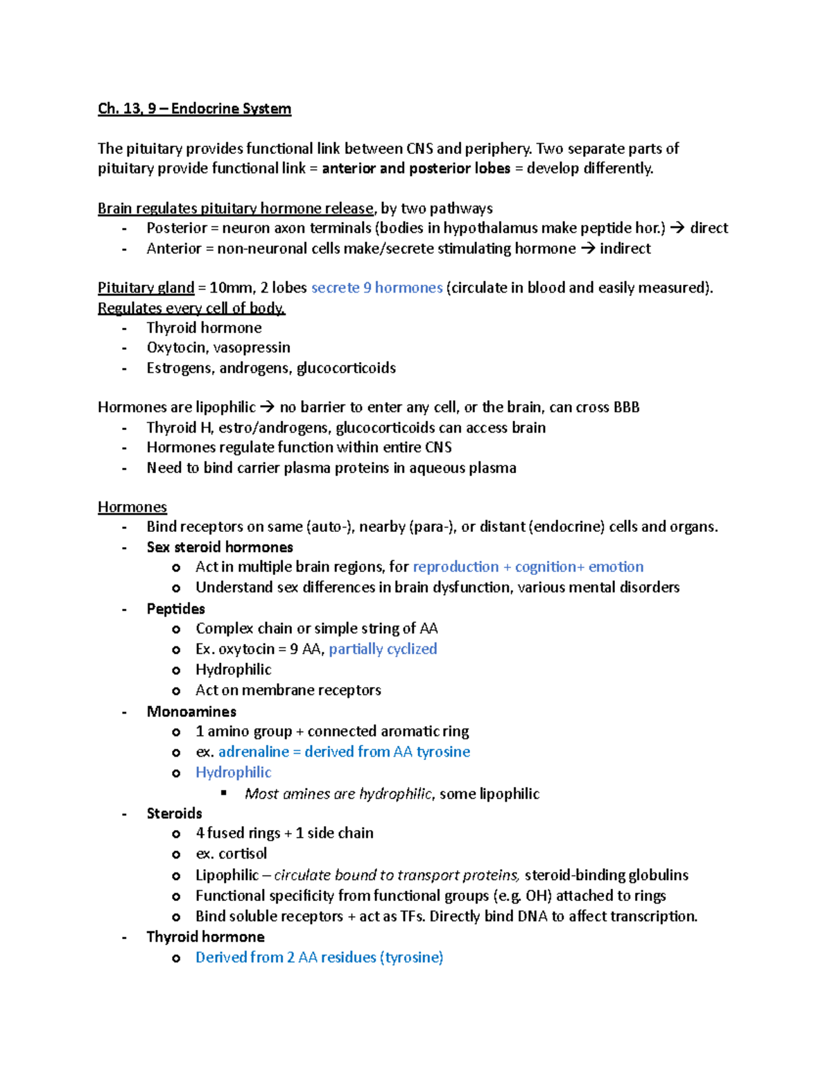Ch13 Notes - Endocrine - Ch. 13, 9 Endocrine System The pituitary ...