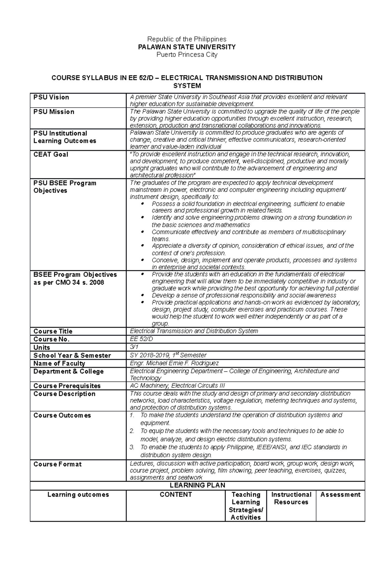 Syllabus - EE 52D - Electrical Transmission and Distribution System rev ...