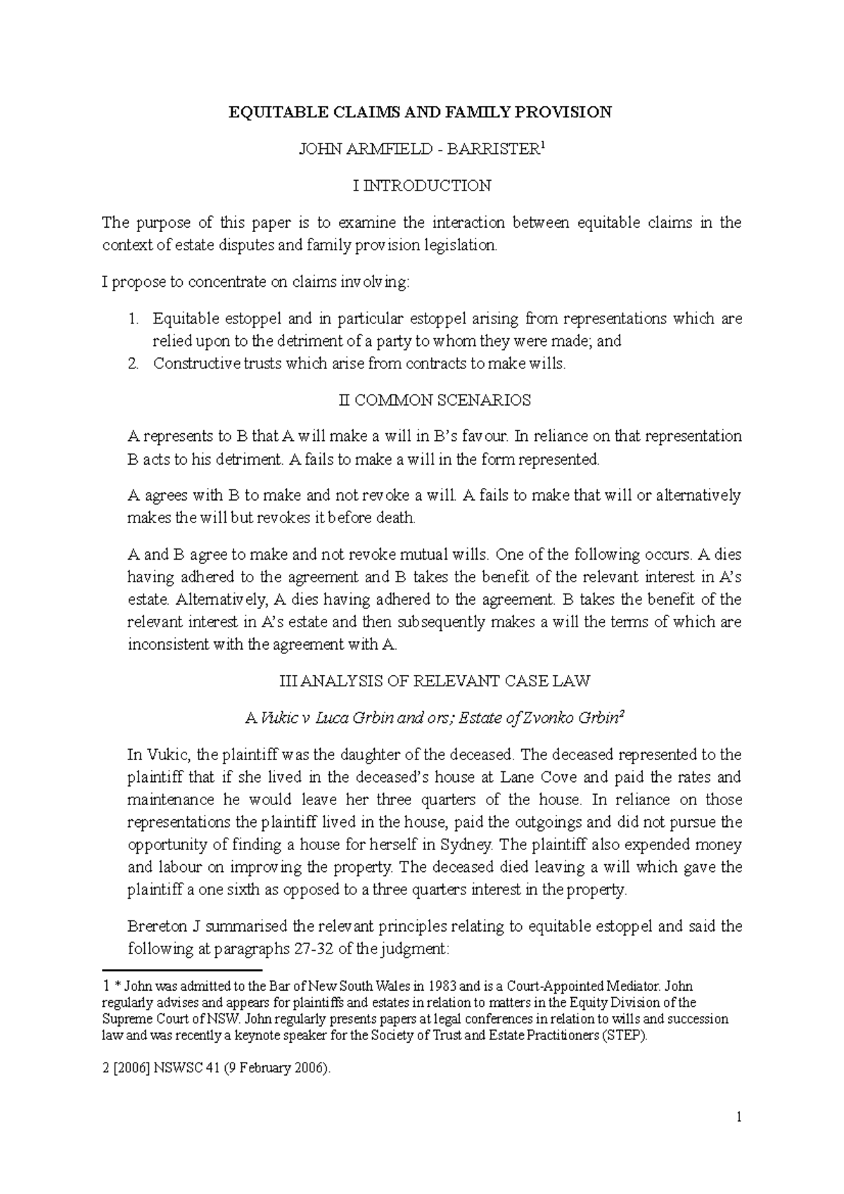 Example case note - sample - EQUITABLE CLAIMS AND FAMILY PROVISION JOHN ...