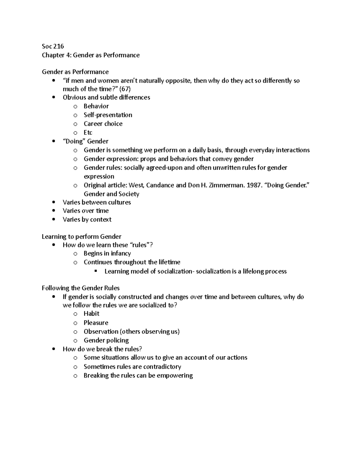 Soc 216-Gender chapter 4 - Soc 216 Chapter 4: Gender as Performance ...