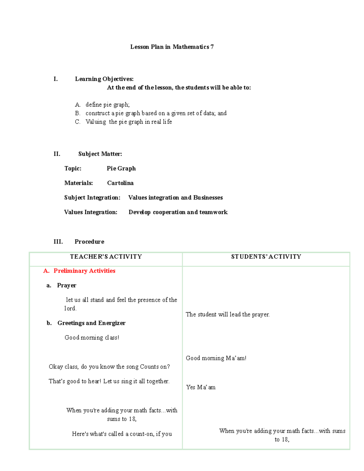 Lesson for mathematics to help others. - Lesson Plan in Mathematics 7 I ...