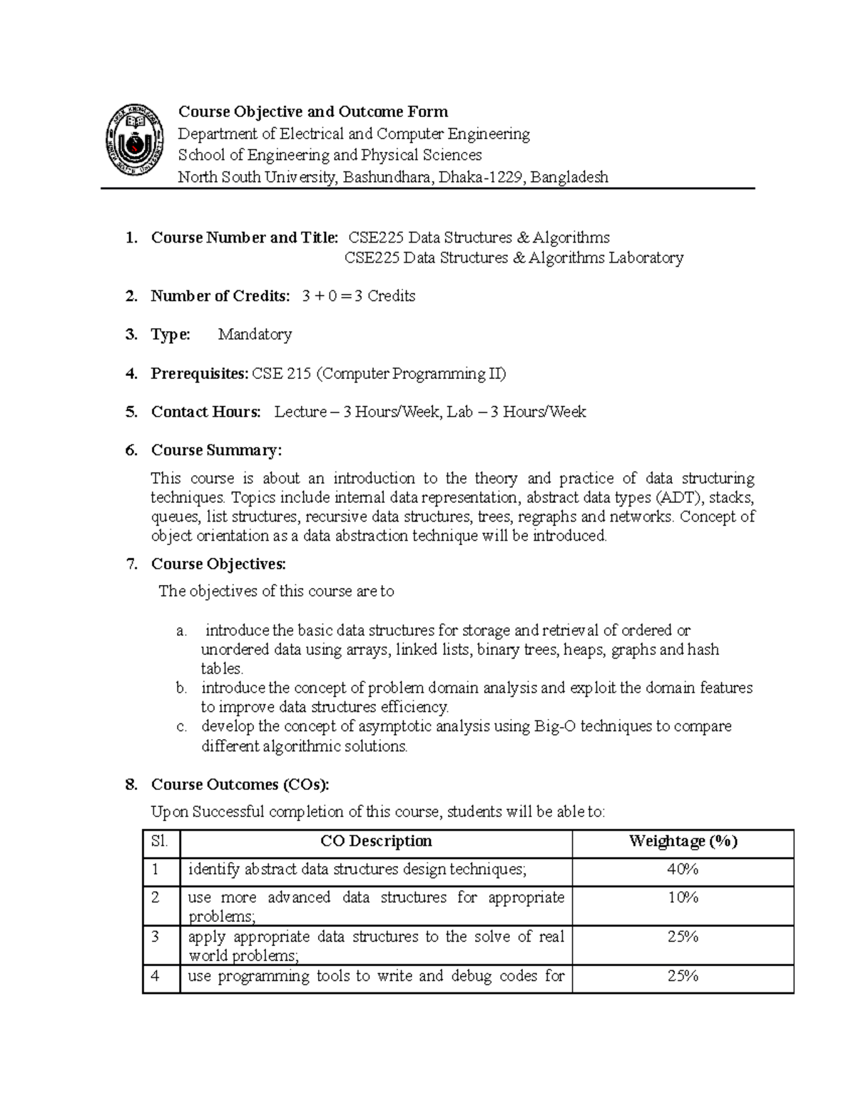 CSE225 Course Objective and Outcome Form - Course Objective and Outcome ...