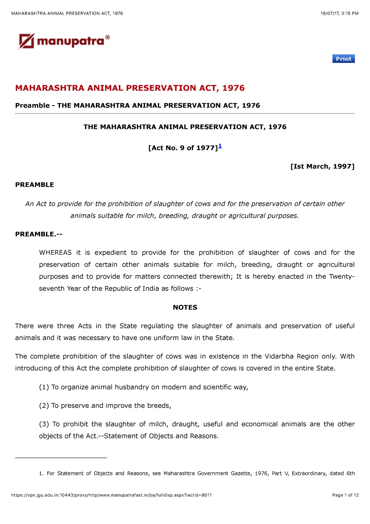 Maharashtra Animal Preservation ACT 1976 - MAHARASHTRA ANIMAL PRESERVATION  ACT, 1976 Preamble - THE - Studocu