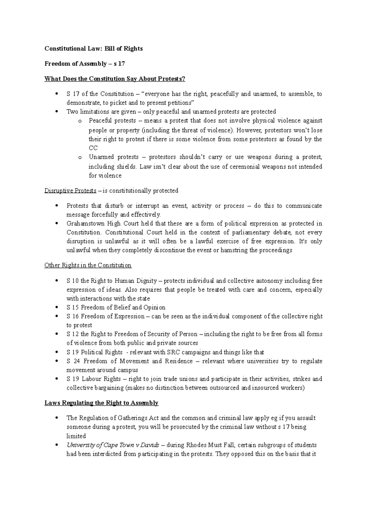 4 s 17 Freedom of Assembly bill of rights Constitutional Law Bill of Rights Freedom of