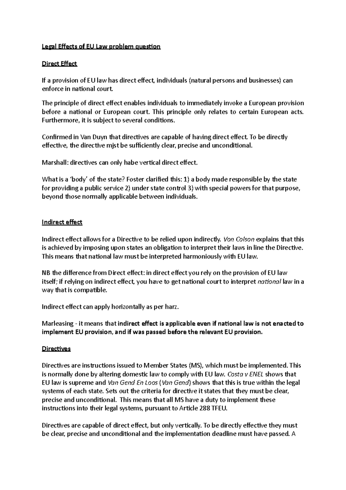 Legal Effects of EU Law problem question - The principle of direct ...