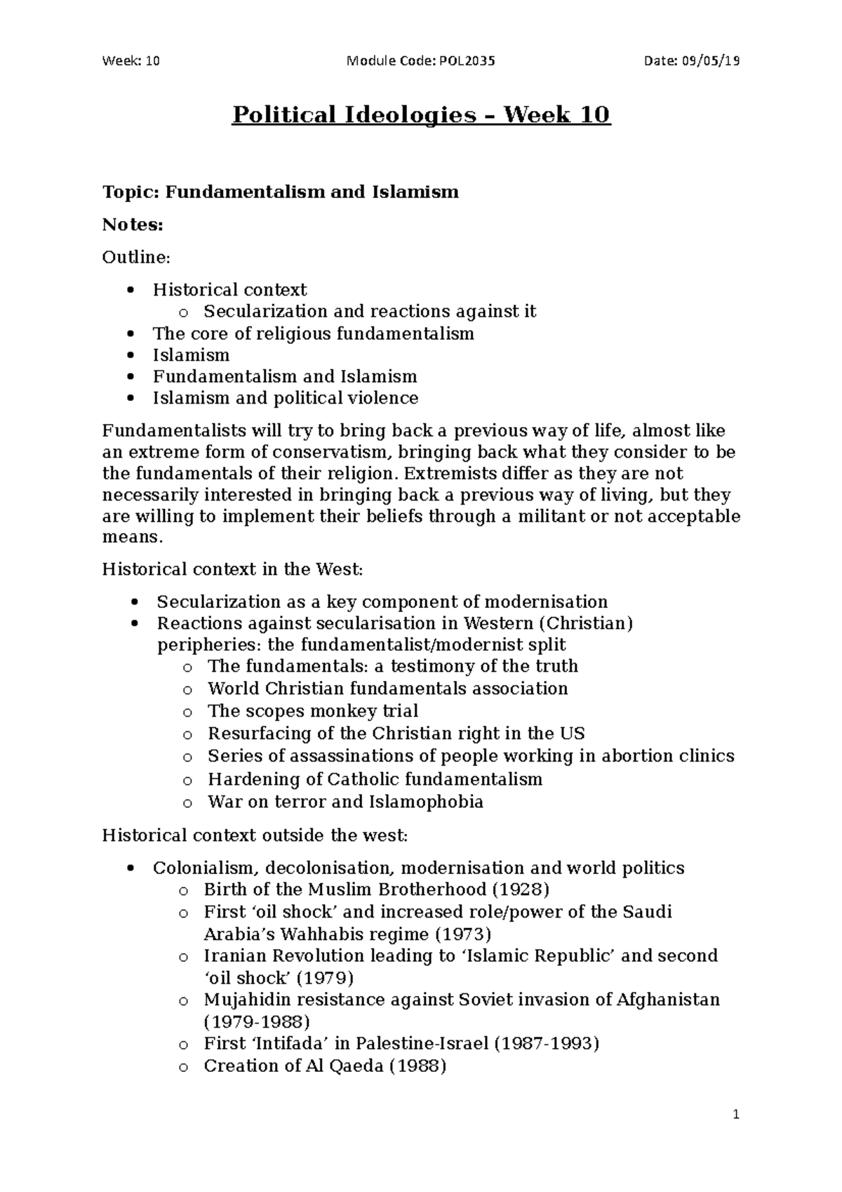 Political Ideologies - Week 10 - Week: 10 Module Code: POL2035 Date: 09 ...