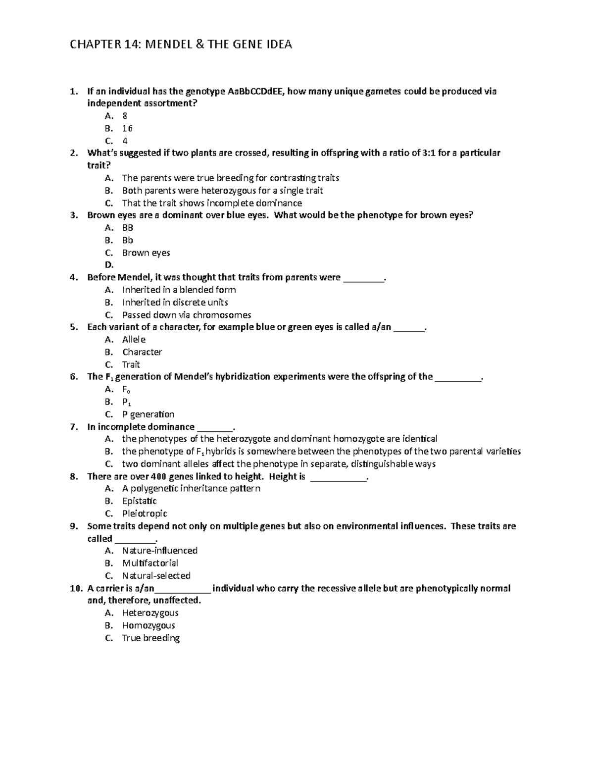 Ch 14 Mendel.Gene Exam Review Worksheet - CHAPTER 14: MENDEL & THE GENE ...