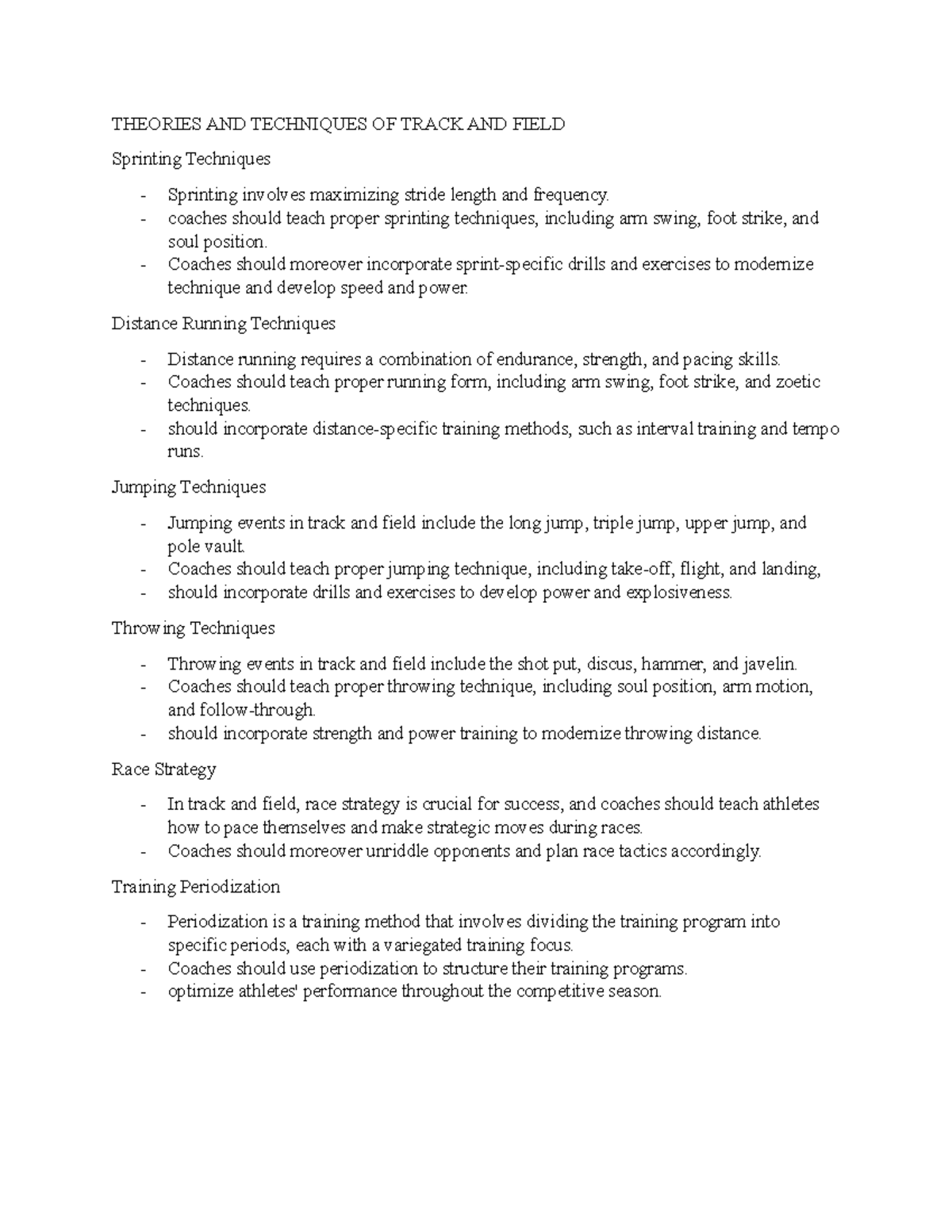 Theories AND Techniques OF Track AND Field Notes 1 THEORIES AND TECHNIQUES OF TRACK AND FIELD