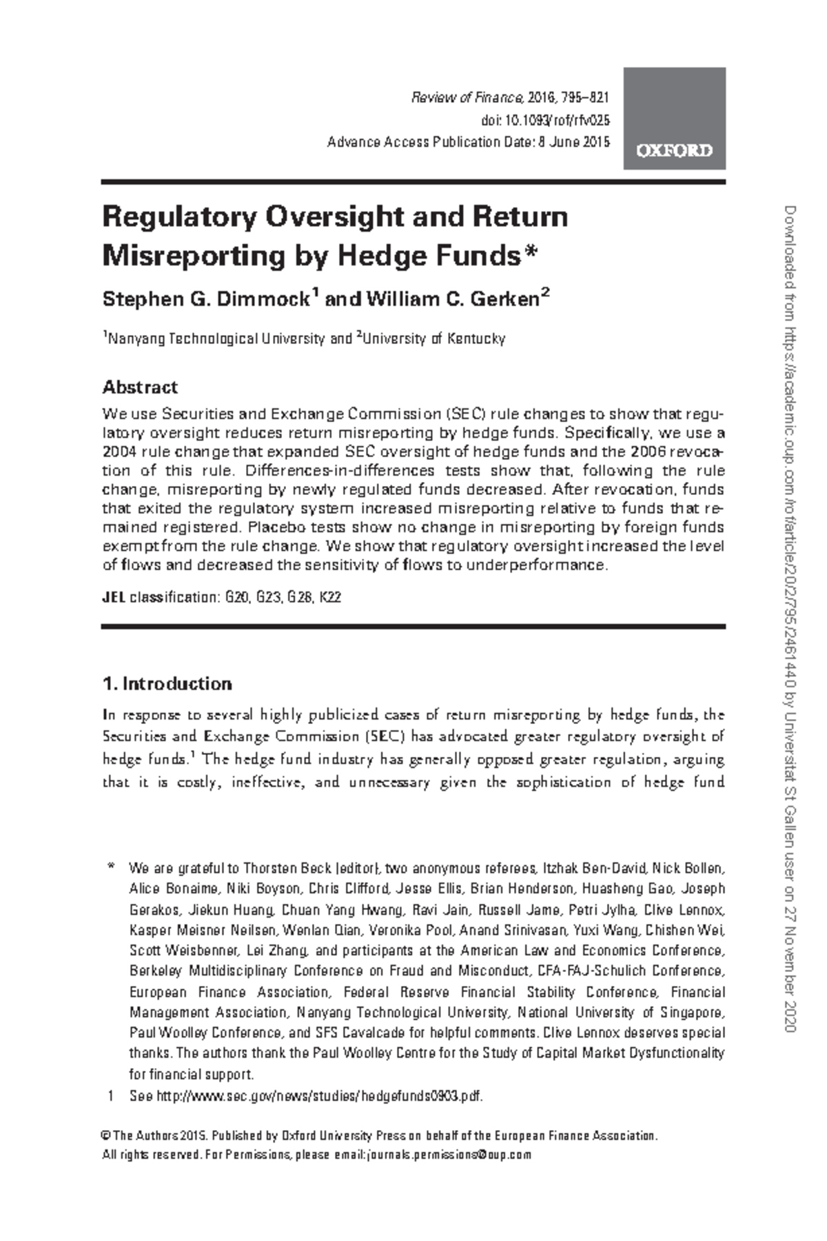 Regulator and Hedge Funds Regulatory Oversight and Return