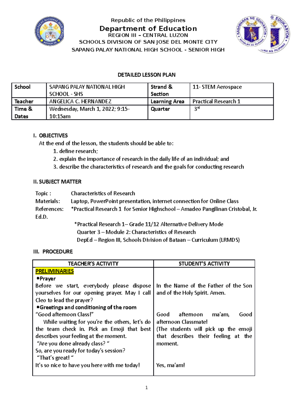 Obj 2 lesson PLAN r Esearch- Based - Department of Education REGION III ...