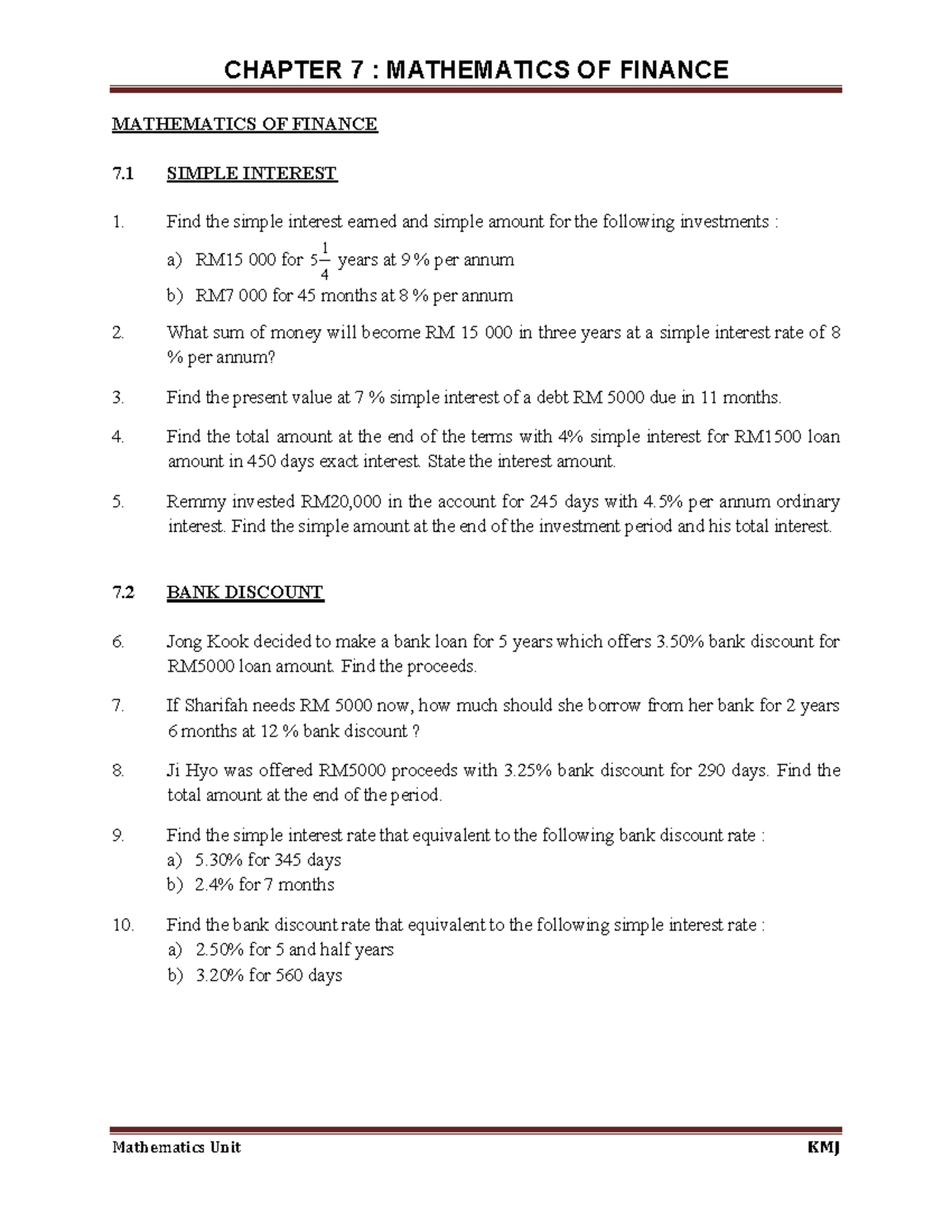 Chapter 7 Mathematics OF Finance - MATHEMATICS OF FINANCE 7 SIMPLE ...