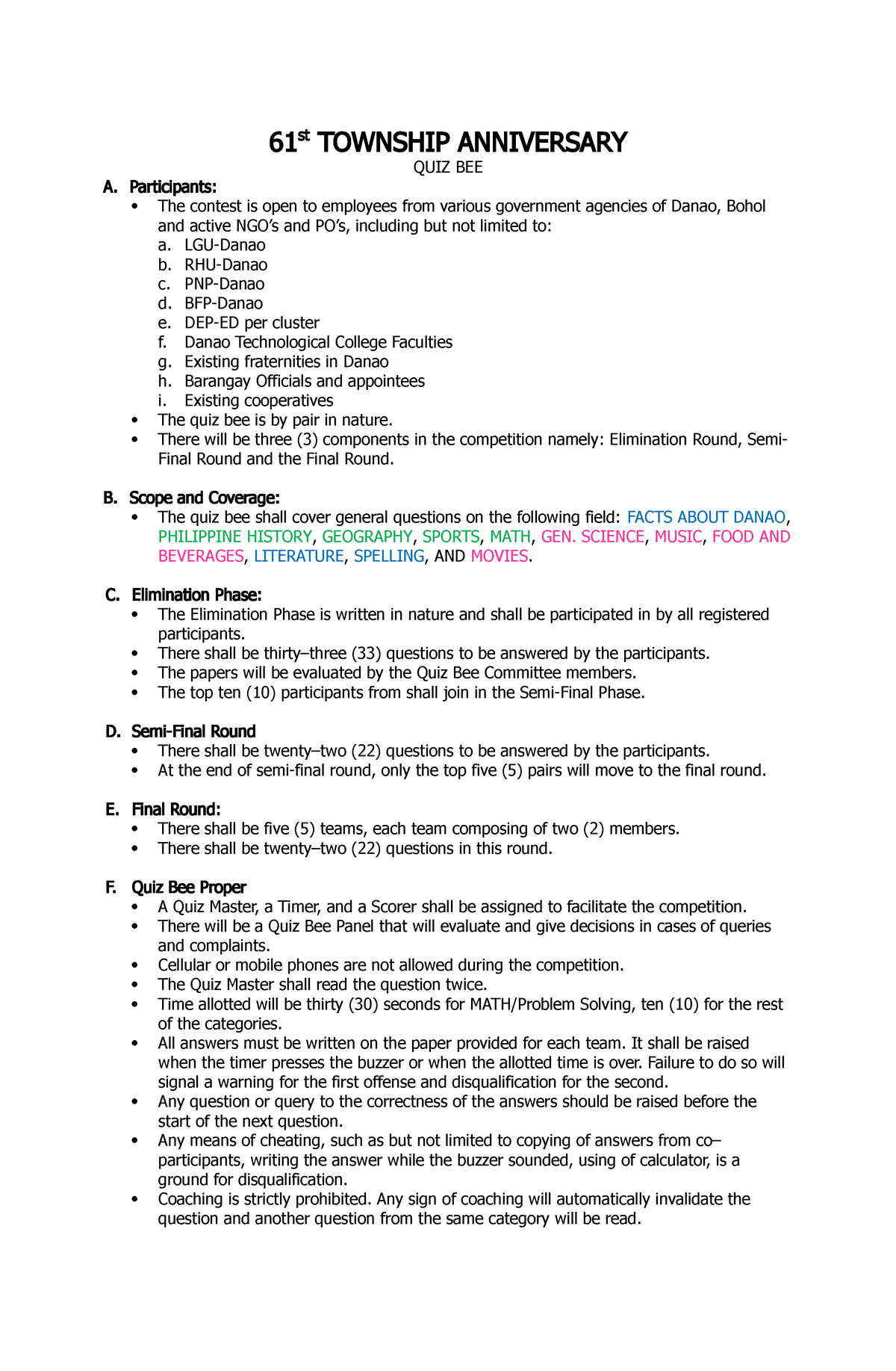 Mechanics for Quiz Bee 61 st TOWNSHIP ANNIVERSARY QUIZ BEE A