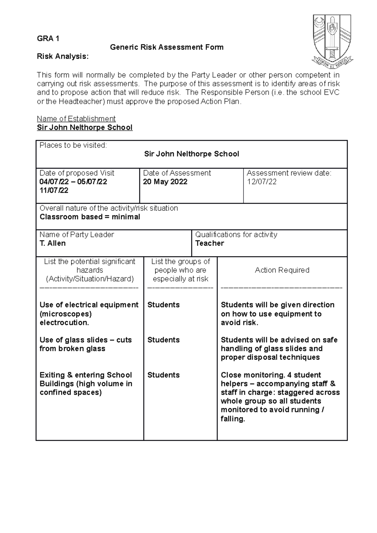Taster Day 2017 - Science risk assesment - GRA 1 Generic Risk ...